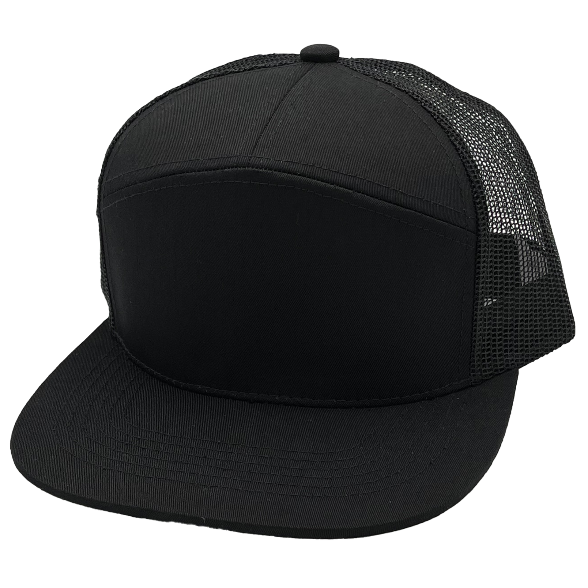 GNV-7005M - 7 Panels Mesh Flat Bill Cap Black Black One Size 7 PANELS CAP COTTON / POLYESTER FLAT hat HIGH PROFILE MESH nissi caps SNAPBACK STRUCTURED UNISEX