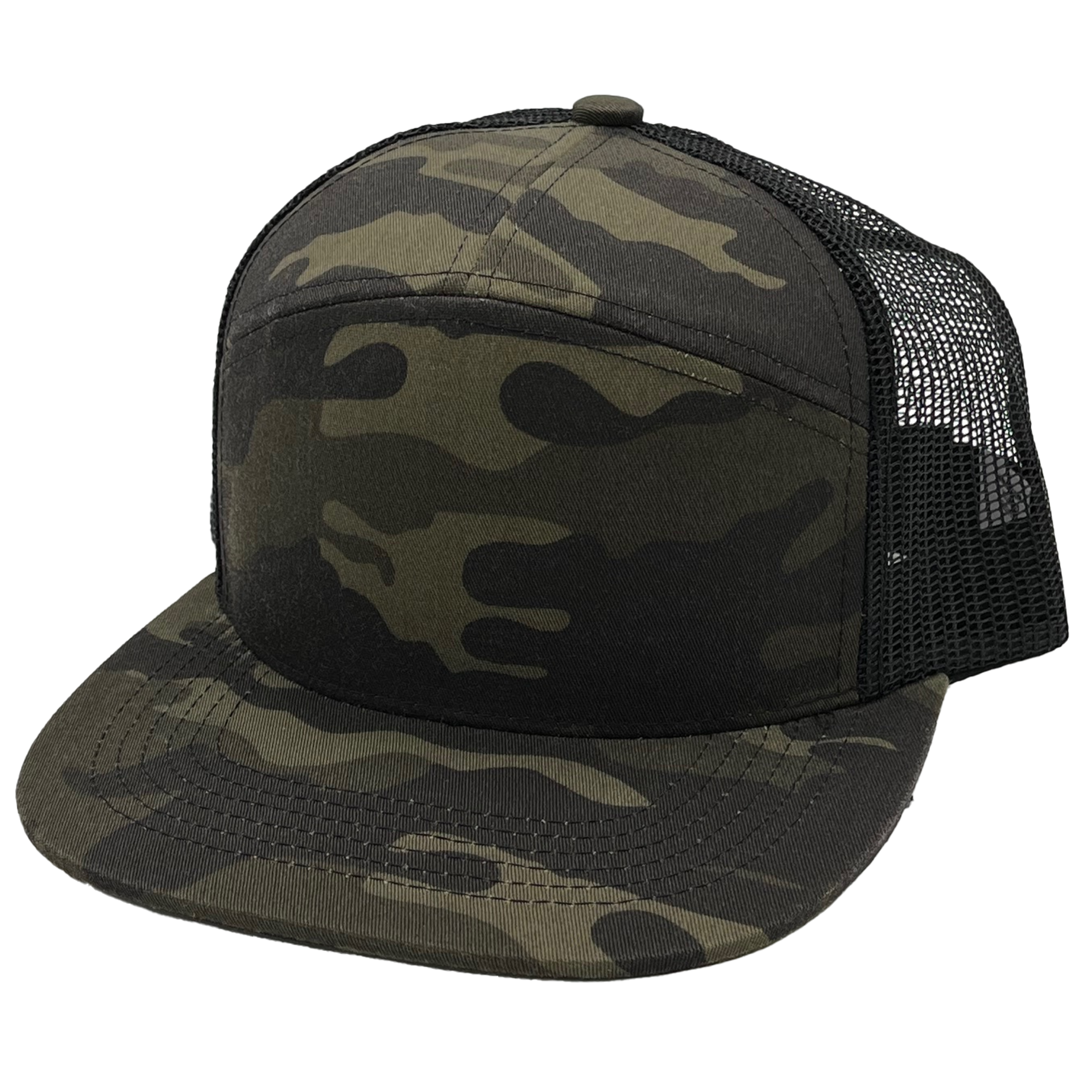 GNV-7005M - 7 Panels Mesh Flat Bill Cap Camo Black Black One Size 7 PANELS CAP COTTON / POLYESTER FLAT hat HIGH PROFILE MESH nissi caps SNAPBACK STRUCTURED UNISEX