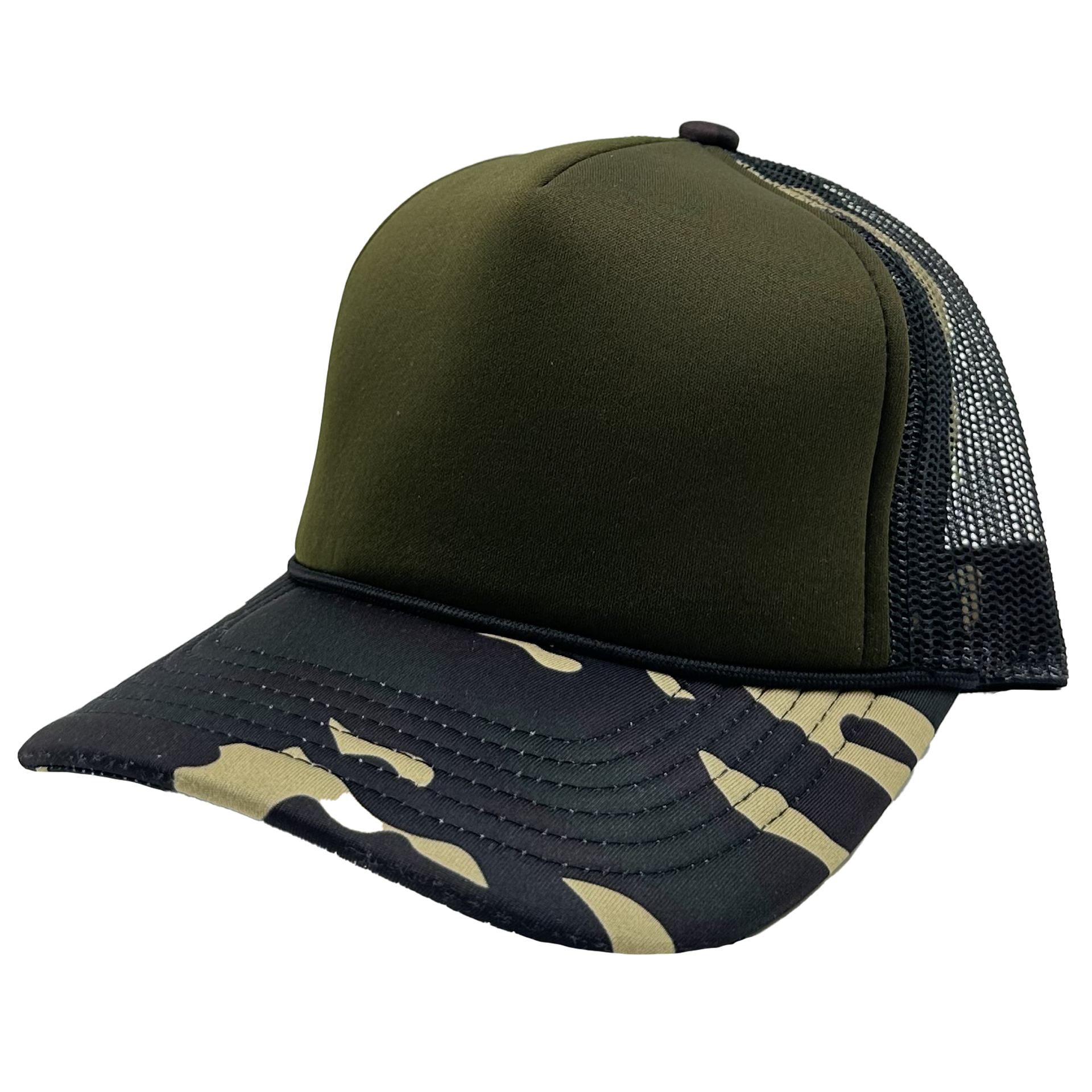 GNV-1222FT - Foam Trucker Cap Camo Green Olive One Size 5 PANELS COTTON / POLYESTER CURVE FOAM GNV-1222FT HIGH PROFILE MESH nissi caps SNAPBACK UNISEX