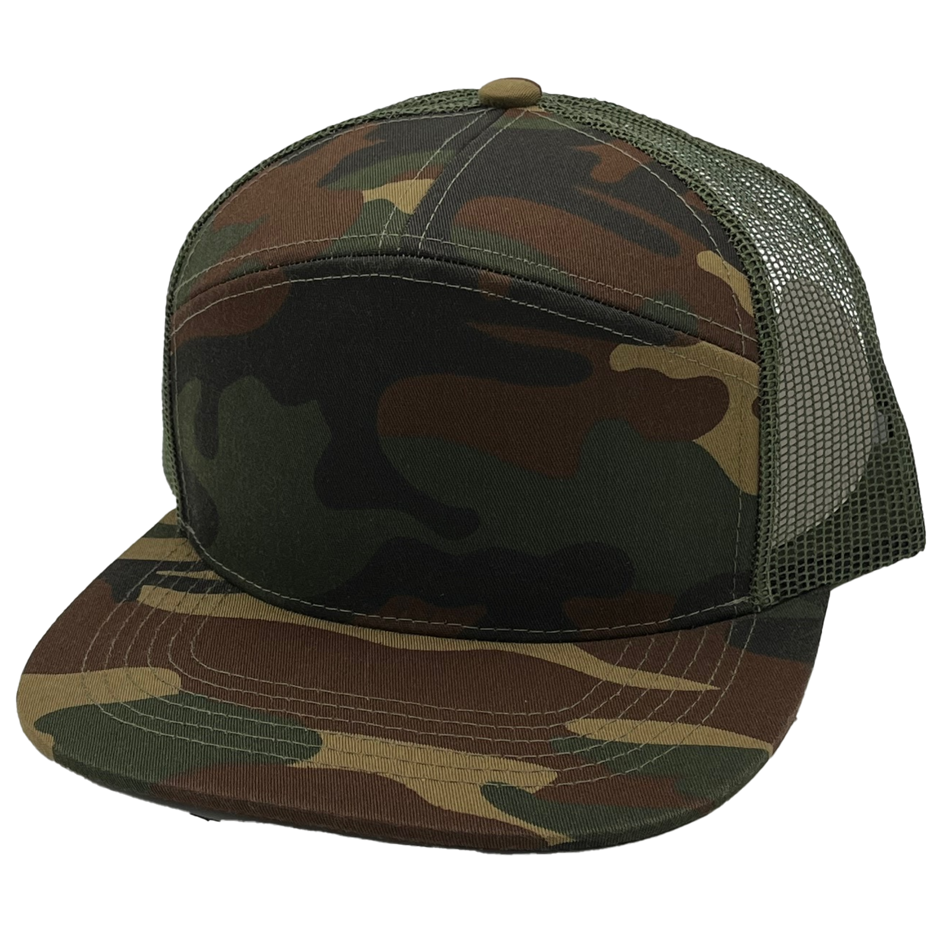 GNV-7005M - 7 Panels Mesh Flat Bill Cap Camo Green Olive One Size 7 PANELS CAP COTTON / POLYESTER FLAT hat HIGH PROFILE MESH nissi caps SNAPBACK STRUCTURED UNISEX