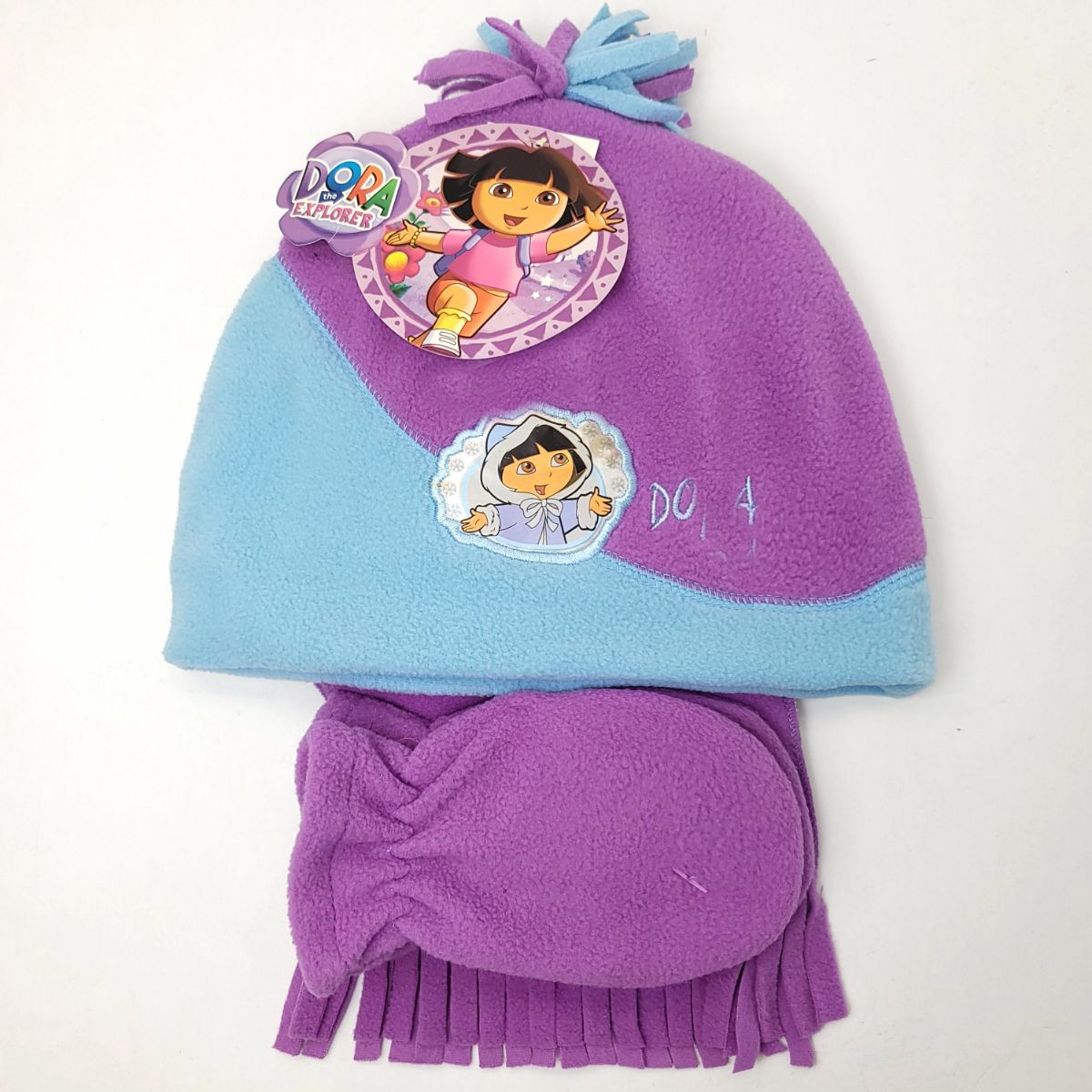 Toddler - Dora the Explorer 3 Pieces Set, Winter Hat, Mittens and scarf, Multi-Coloured 2 Tone Purple Sky Blue Toddler Youths