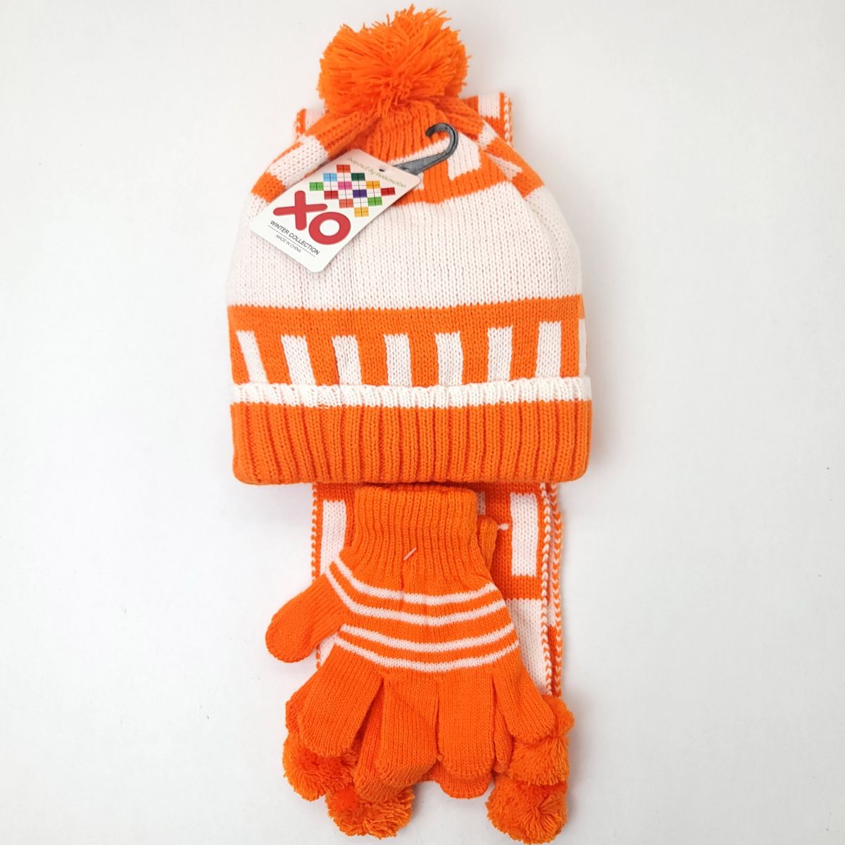 Toddler - XO 3 pieces set, Winter Pom Beanie, Mittens and scarf, Orange Youths