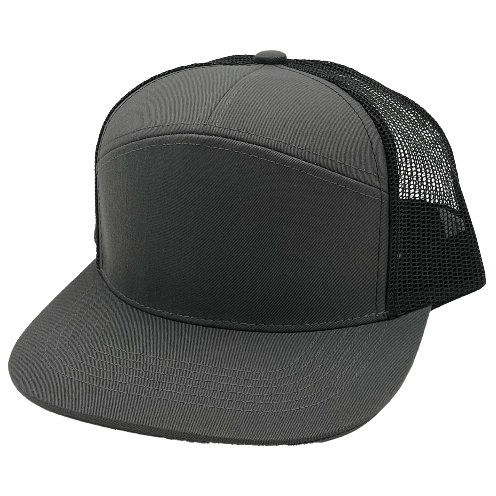 GNV-7005M - 7 Panels Mesh Flat Bill Cap Charcoal Black One Size 7 PANELS CAP COTTON / POLYESTER FLAT hat HIGH PROFILE MESH nissi caps SNAPBACK STRUCTURED UNISEX