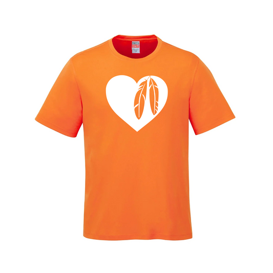 Every Child Matters Orange Shirt Day T-Shirt (Heart and Feathers Design)