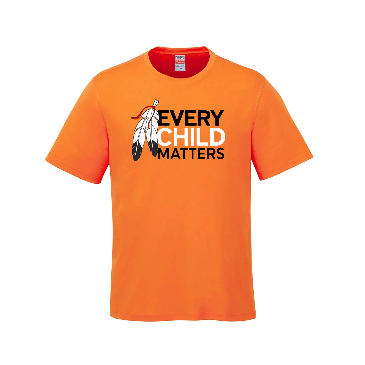 Orange Shirt Day T-Shirt - 'EVERY CHILD MATTERS' with Feather Design in Black and White