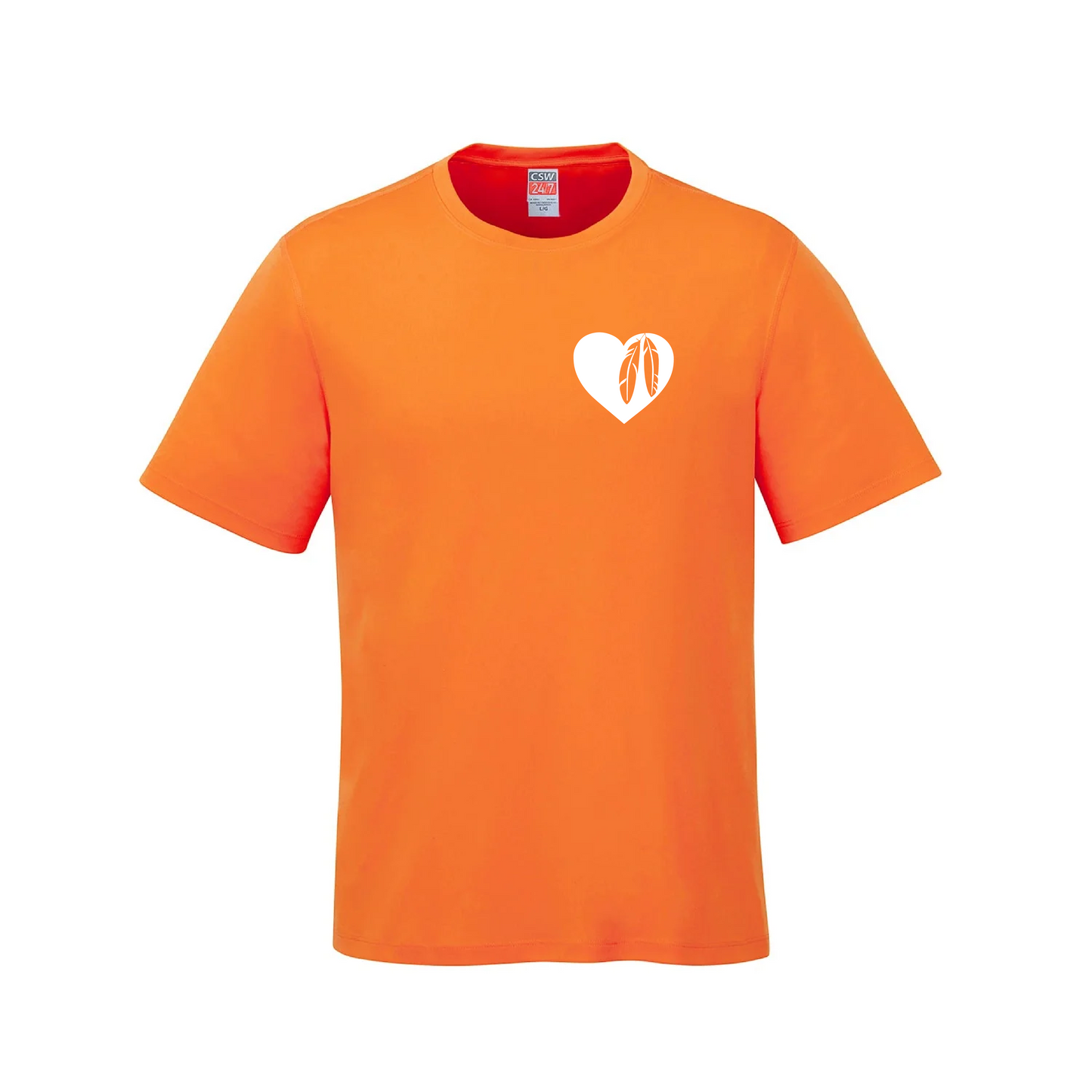 Minimalist Orange Shirt Day T-Shirt - White Heart with Feathers Design