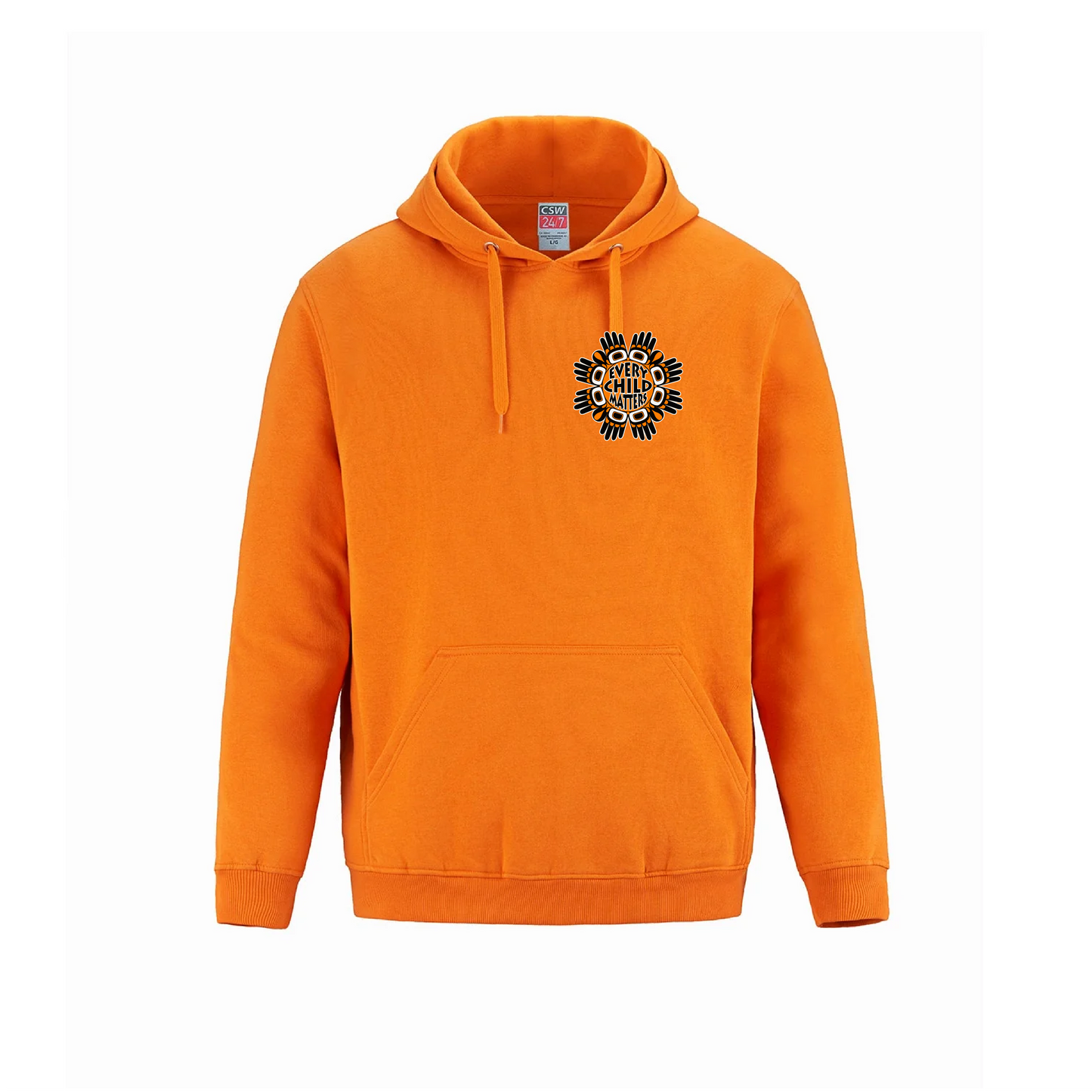 Small Circular Indigenous Art Orange Hoodie - 'EVERY CHILD MATTERS' Design