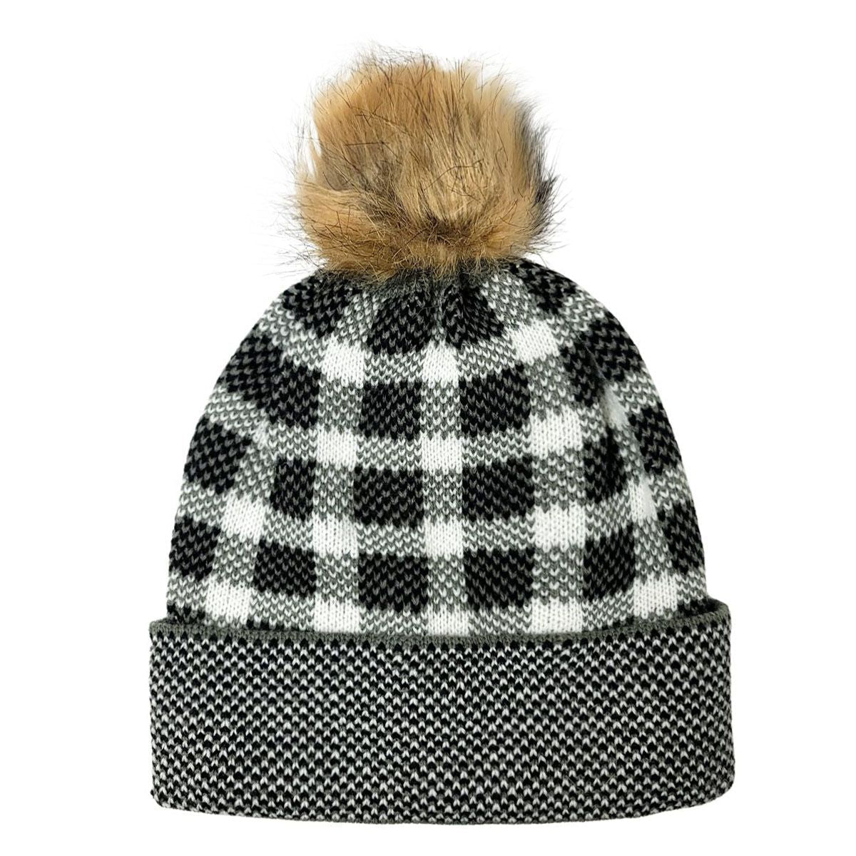 Fashion Pom Knit Toque - Olive & Black Plaid Pattern Black OSFA