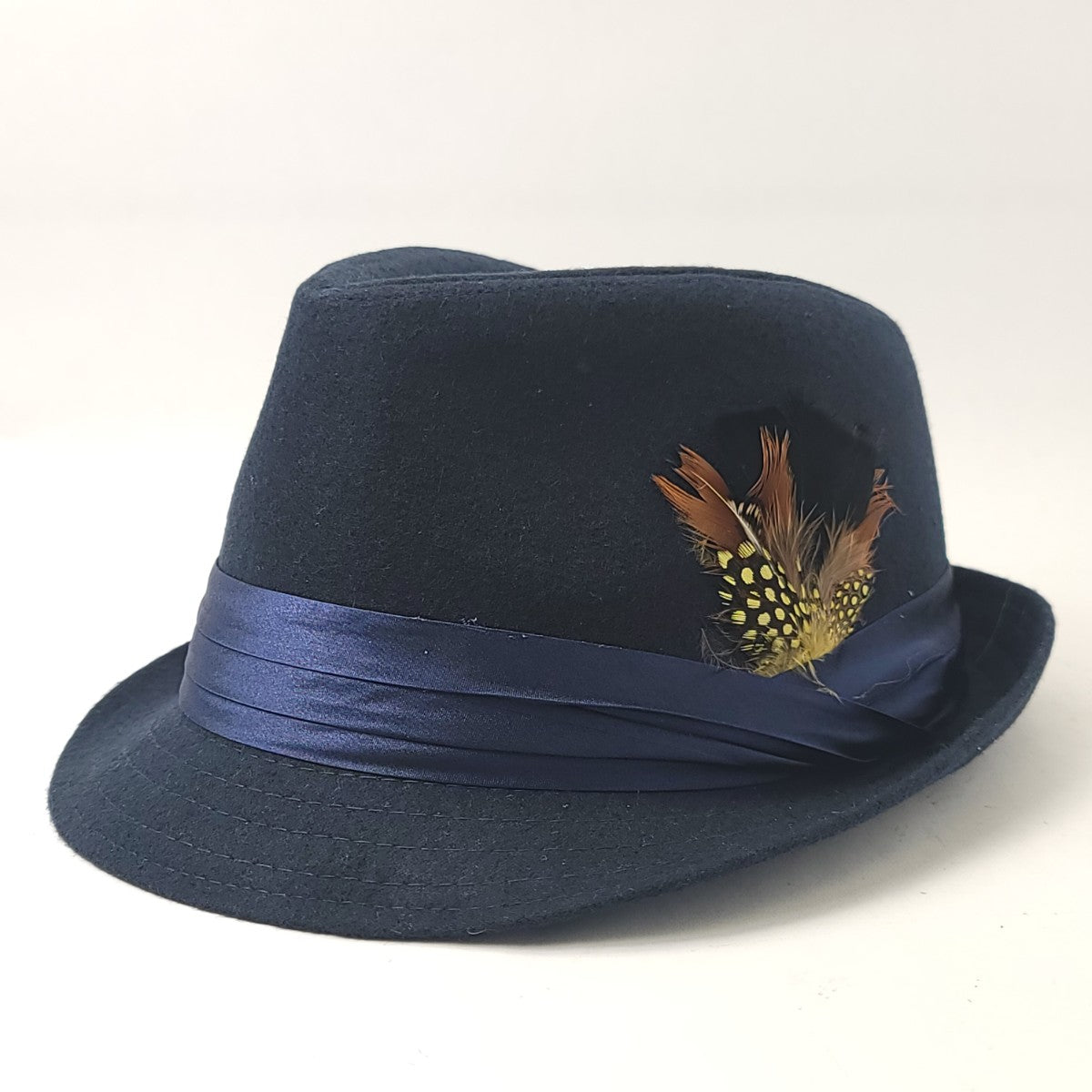 Fedora Hat - Wool Blended with Feather, Multi-Coloured, S/M & L/XL Navy Fashion Hat