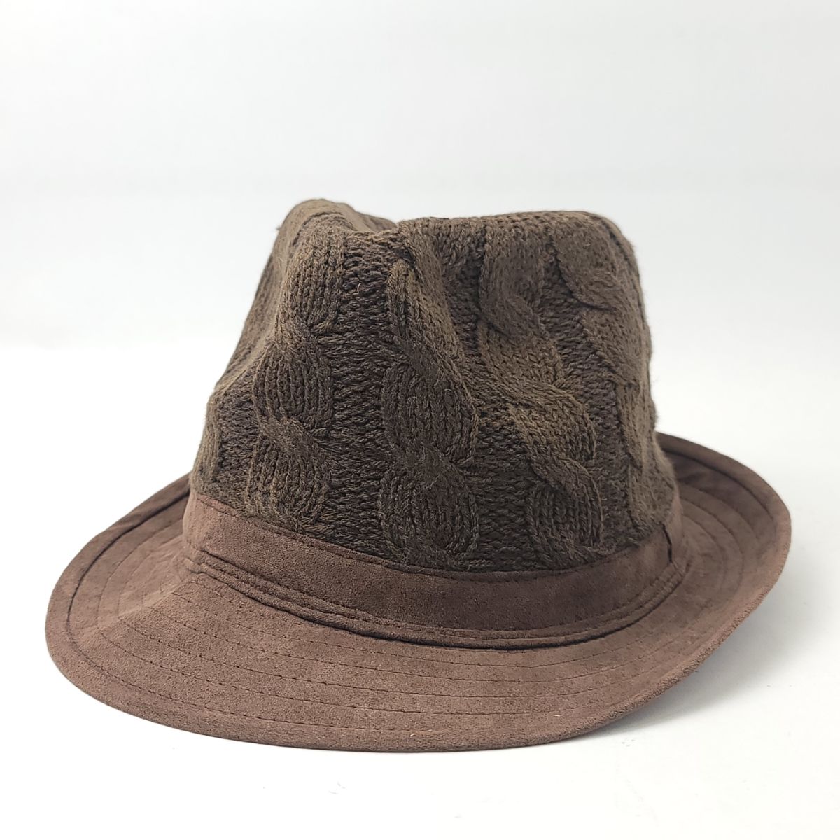 Fedora Hat - Knitted Crown, Black, White, Brown, OS Brown OSFA Fashion Hat