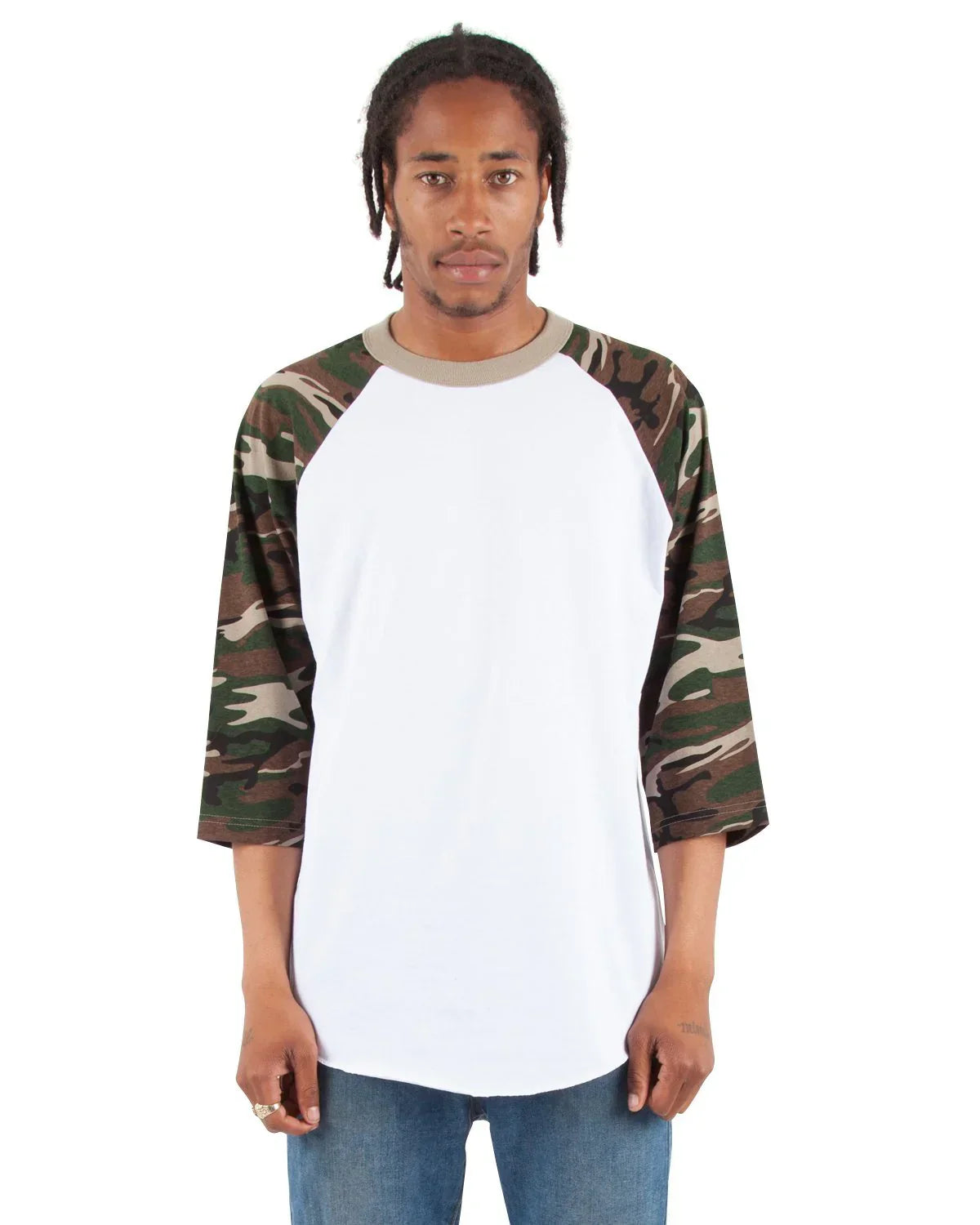 Raglan - 6 oz White Camo Green 3/4 SLEEVES COTTON LONGSLEEVES MEN MIDWEIGHT RAGLAN Shaka Wear shsdchildproduct SLIGHT OVERSIZED