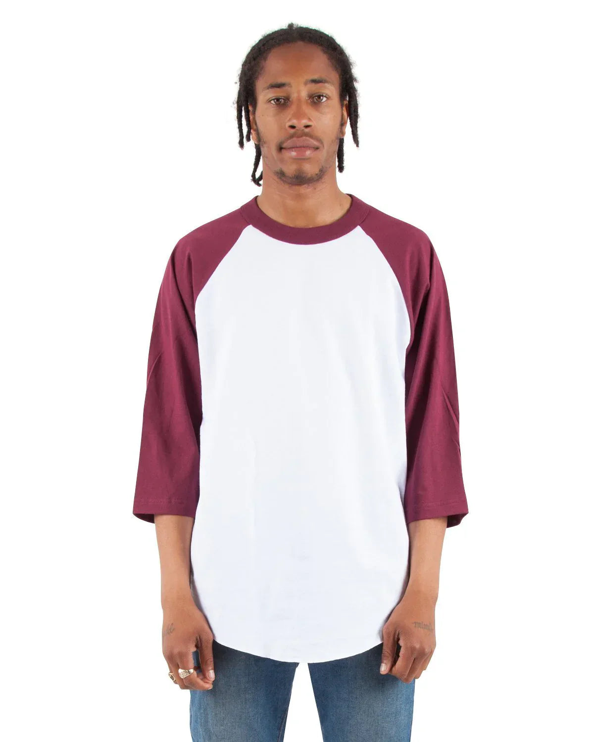 Raglan - 6 oz White Burgundy 3/4 SLEEVES COTTON LONGSLEEVES MEN MIDWEIGHT RAGLAN Shaka Wear shsdchildproduct SLIGHT OVERSIZED