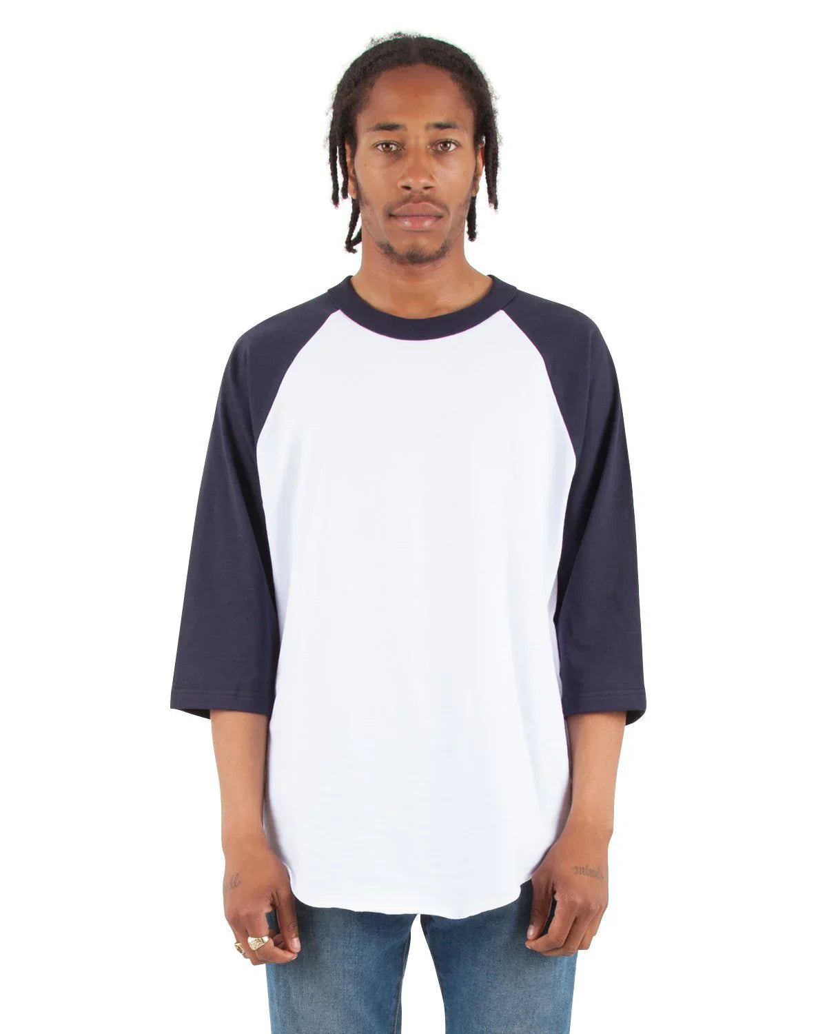 Raglan - 6 oz White Navy 3/4 SLEEVES COTTON LONGSLEEVES MEN MIDWEIGHT RAGLAN Shaka Wear shsdchildproduct SLIGHT OVERSIZED