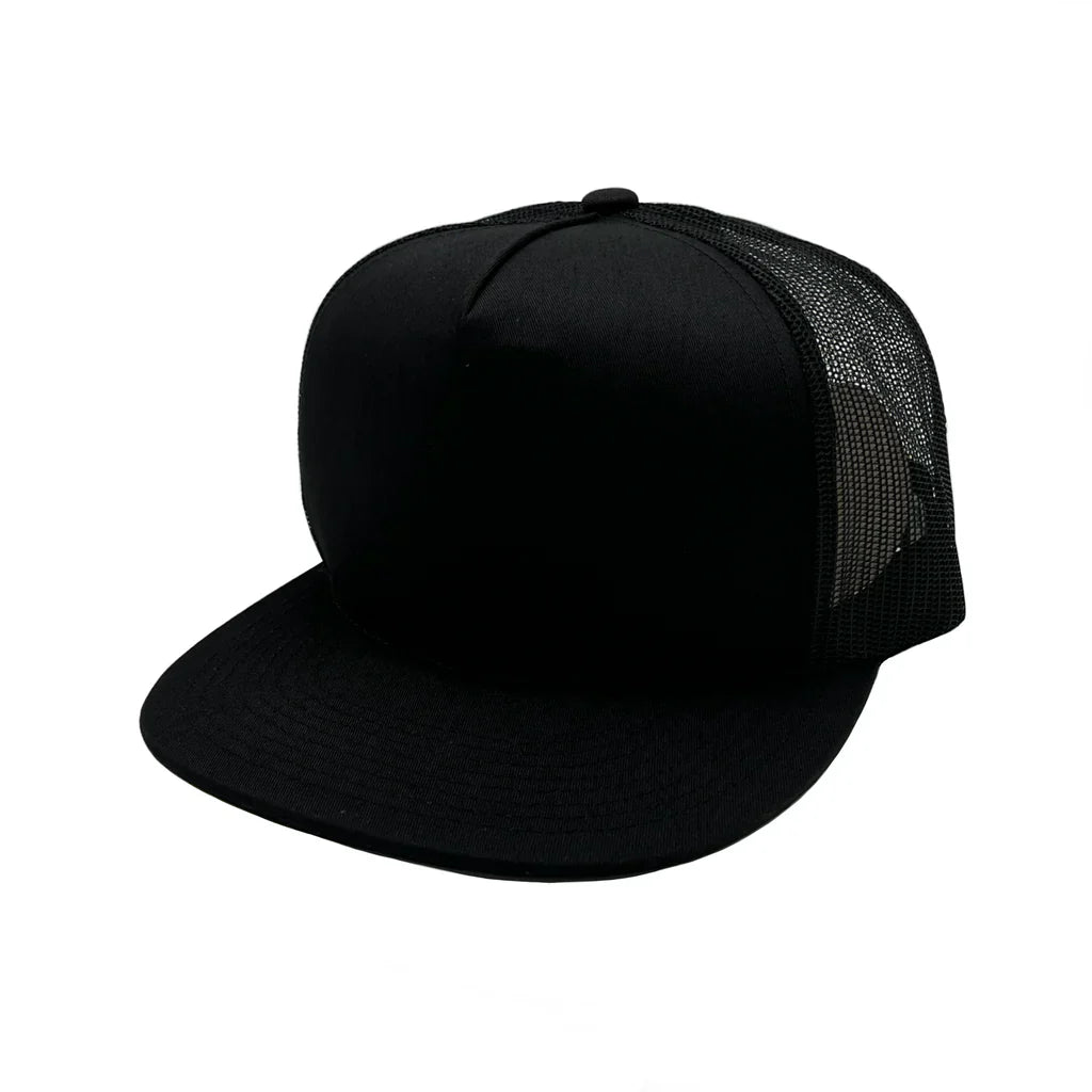 GNV-017M - 5 Panels Round Flat Bill Mesh Snapback Cap Black Black One Size 5 PANELS COTTON / POLYESTER FLAT HIGH PROFILE MESH nissi caps SNAPBACK STRUCTURED UNISEX