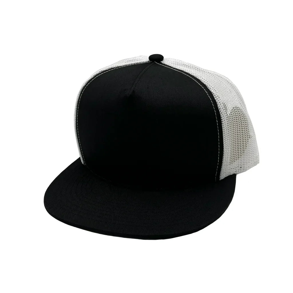GNV-017M - 5 Panels Round Flat Bill Mesh Snapback Cap Black White One Size 5 PANELS COTTON / POLYESTER FLAT HIGH PROFILE MESH nissi caps SNAPBACK STRUCTURED UNISEX