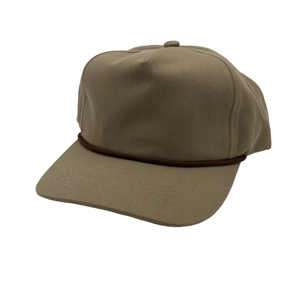 GNV-228GF - Golf Cap Khaki With Brown String One Size 5 PANELS 5 PANELS - UNSTRUCTURED COTTON / POLYESTER CURVE GOLF HATS low profile nissi caps ROPE SNAPBACK STRING STRING HAT UNISEX UNSTRUCTURED