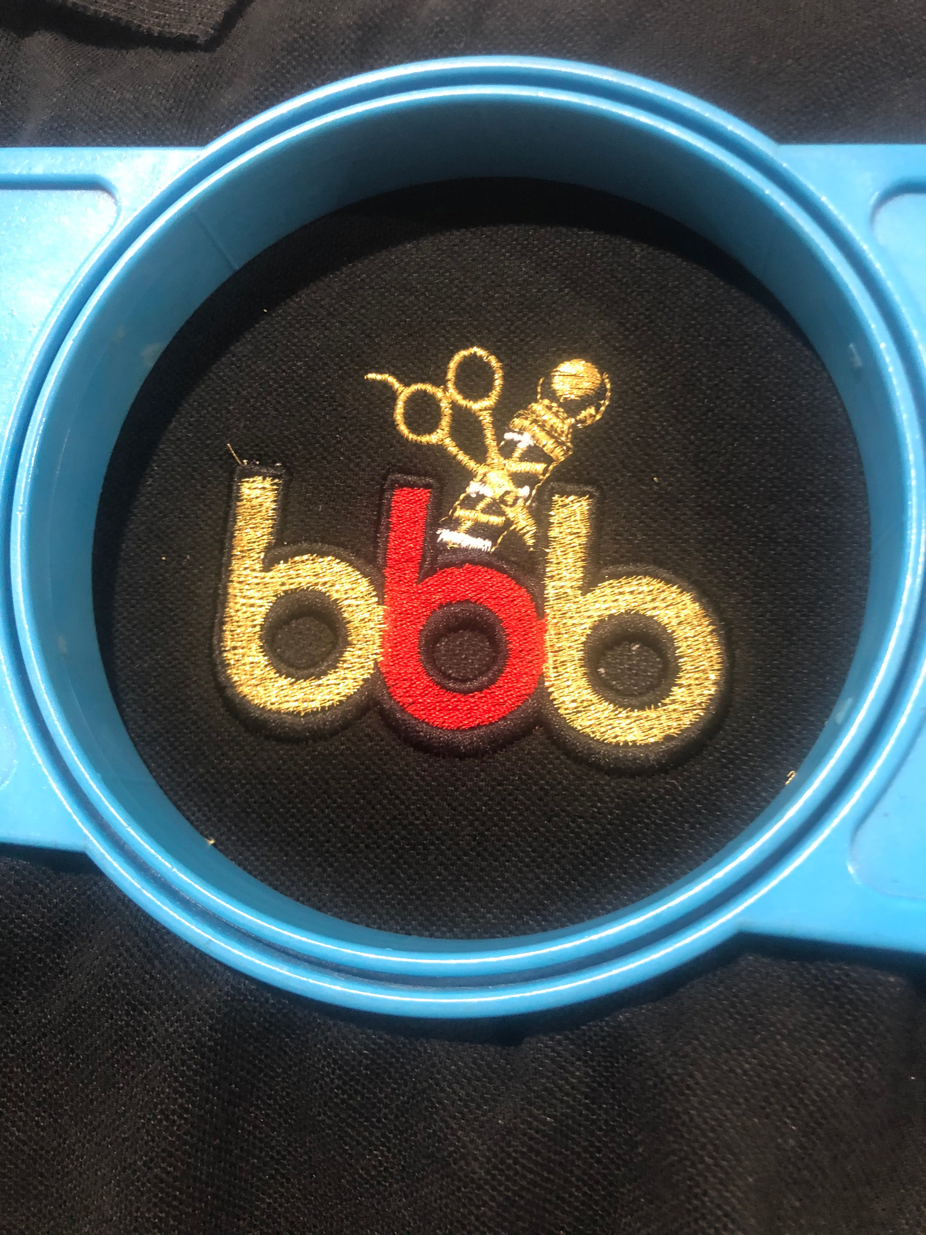 Tripple B design for Toronto based barber embroidered with metallic gold madeira thread