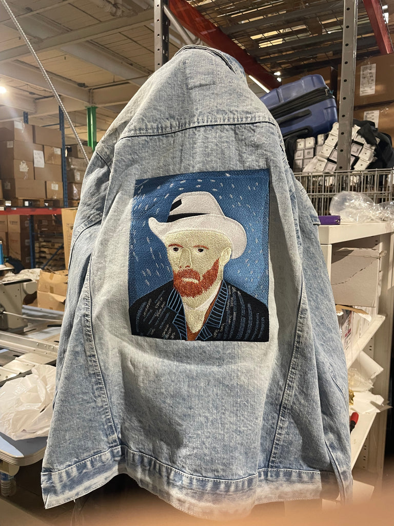 Van Gogh portrait embroidery done on a acid-washed style jacket for the Beyond Van Gogh Exhibits