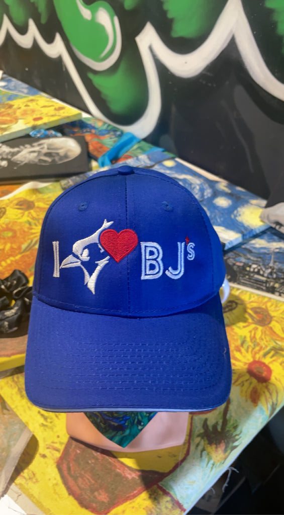I heart BJ's embroidered royal blue baseball caps