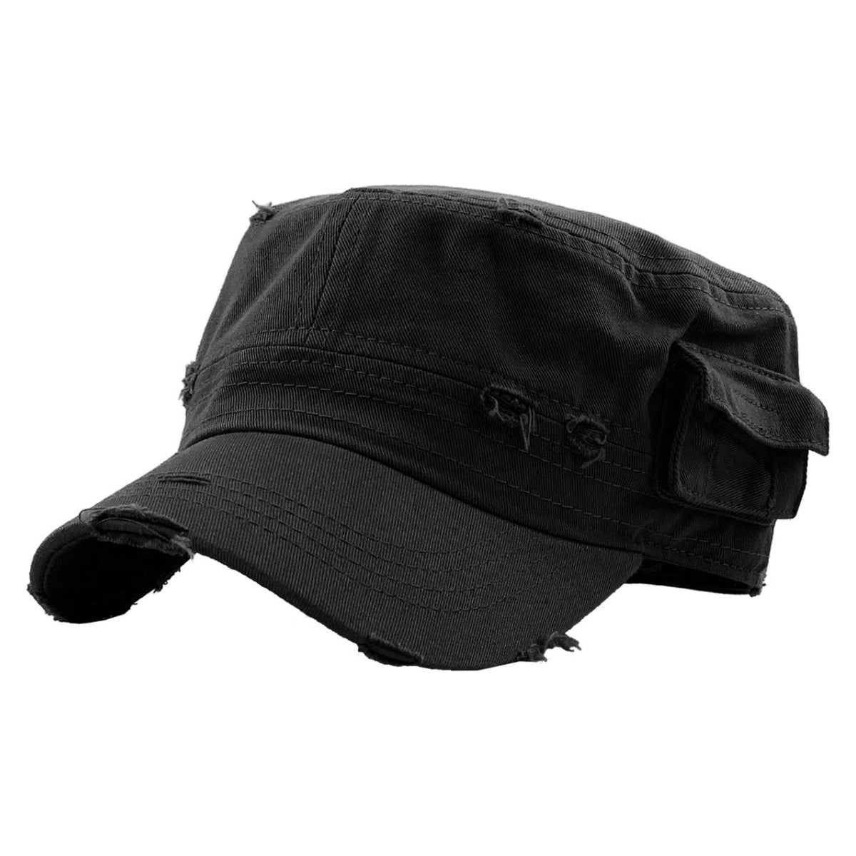 Military Cap - Vintage with Pocket, Multi-Coloured, Fitted Black Plain Cap