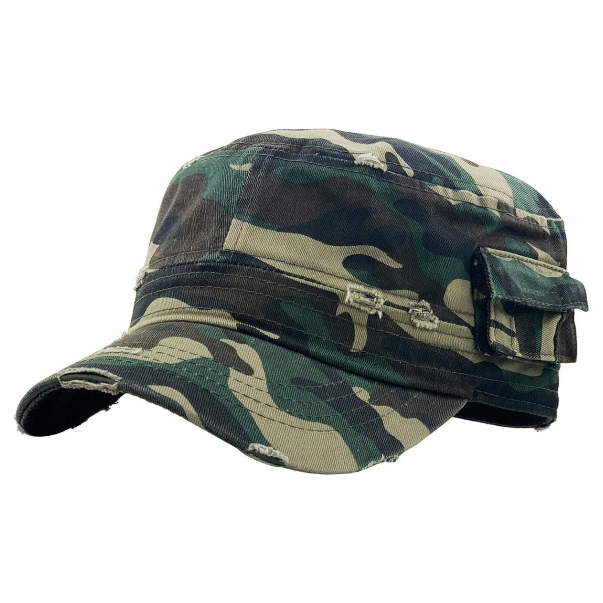 Military Cap - Vintage with Pocket, Multi-Coloured, Fitted Green Camo Plain Cap