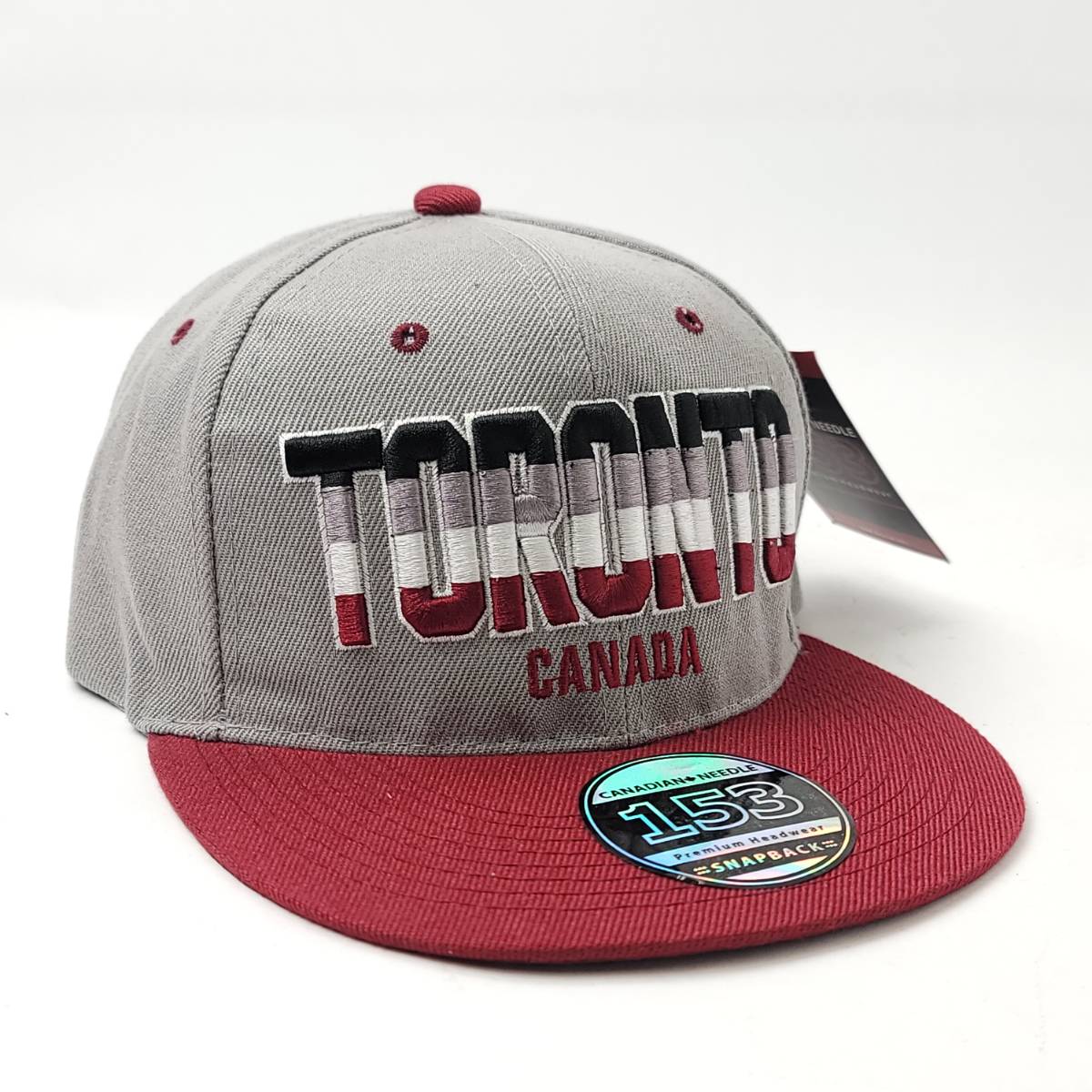 Capitalized "TORONTO" Banner Flat Bill Cap - Multi-Coloured, Adjustable Grey & Burgundy 2 Tone OSFA Logo Cap Logo Snapback Toronto Toronto Cap