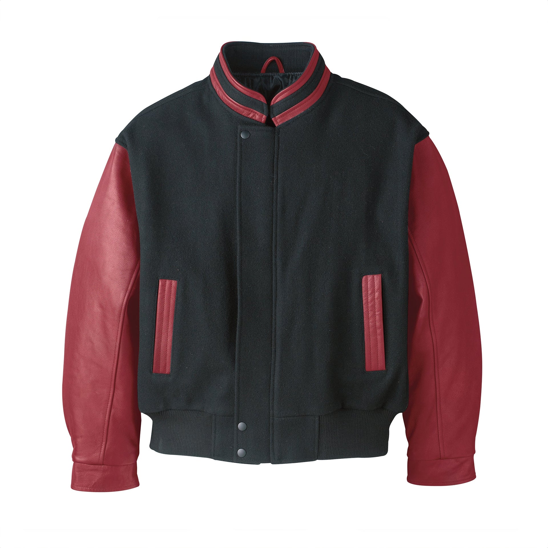 L00227 - Graduate - Men's Melton & Leather Insulated Jacket Black Red 227 adult black collegiate Genuine Leather leather letterman melton mens navy red team varsity