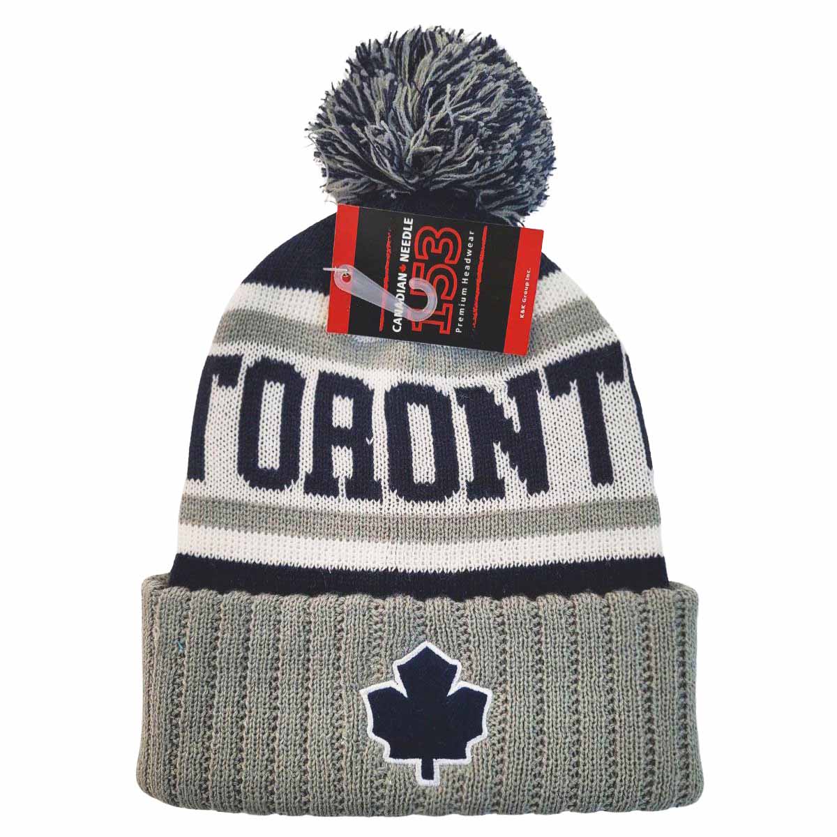 TORONTO Pom Knit Toque - Grey with Navy Jacquard Toronto, Navy Leaf Felt Patch on Cuff, KW1902GYNV Best Seller Toronto