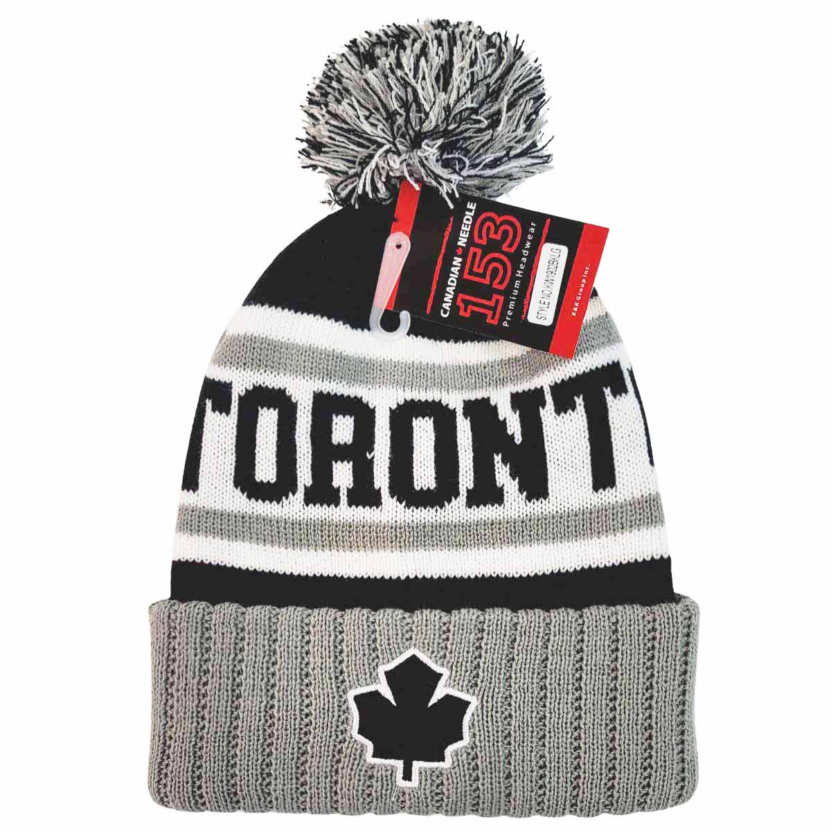 TORONTO Pom Knit Toque - Grey with Black Jacquard Toronto, Black Leaf Felt Patch on Cuff, KW1902GYBK Best Seller Toronto
