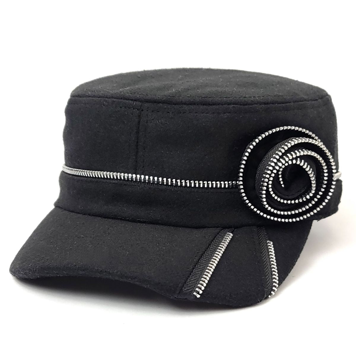 Cadet Cap - Flower Decor with Zipper, CD601, Black Military Cap