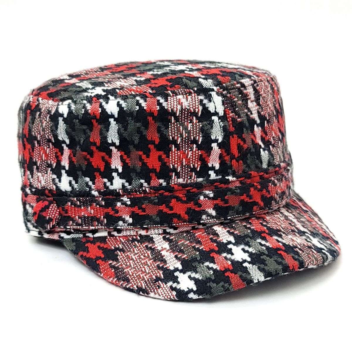 Cadet Cap - Knitted Houndstooth, XO43, Red & Brown Mix Red Mix OSFA Military Cap