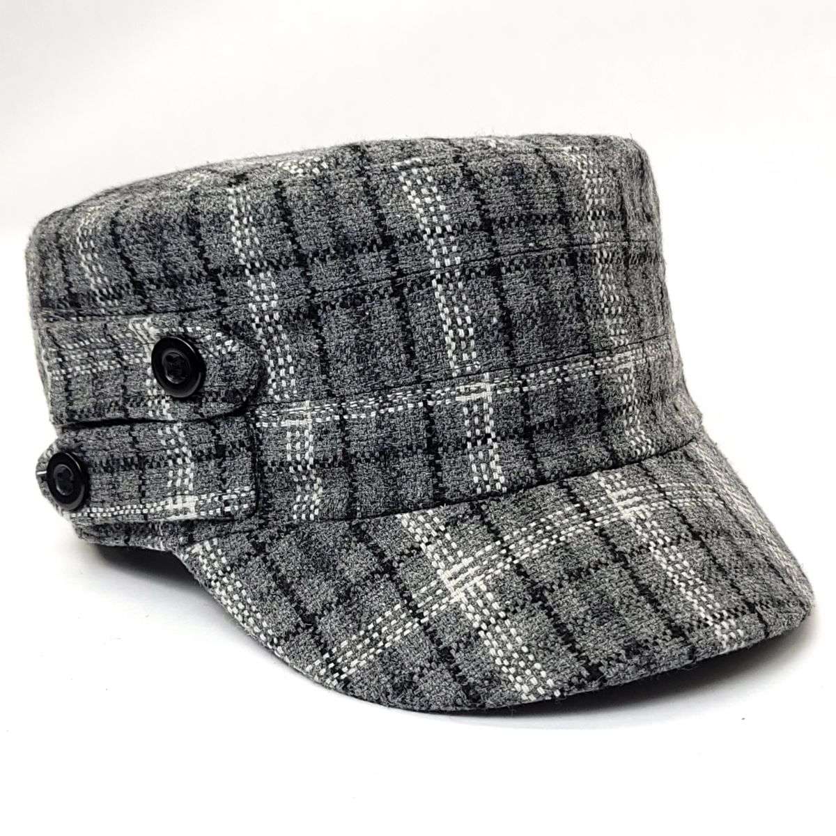 Cadet Cap - Plaid with Buttons, 19099, Multi-Coloured Grey OSFA Military Cap