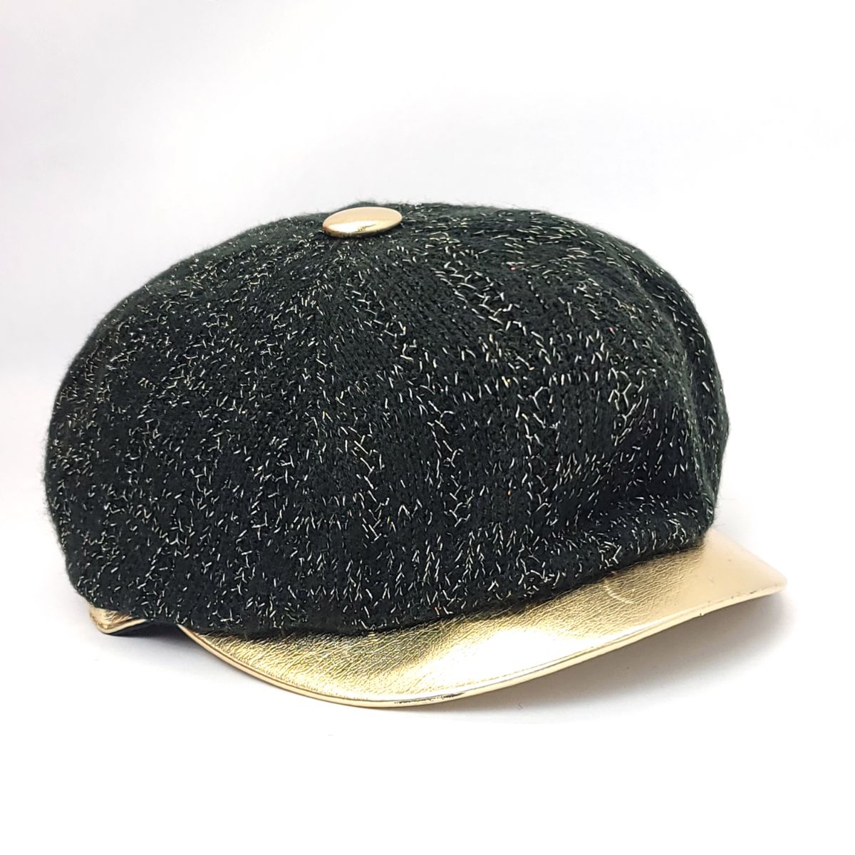 Newsboy Hat - Knitted, Glitter with Gold Visor, Multi-Coloured Black OSFA Fashion Knit