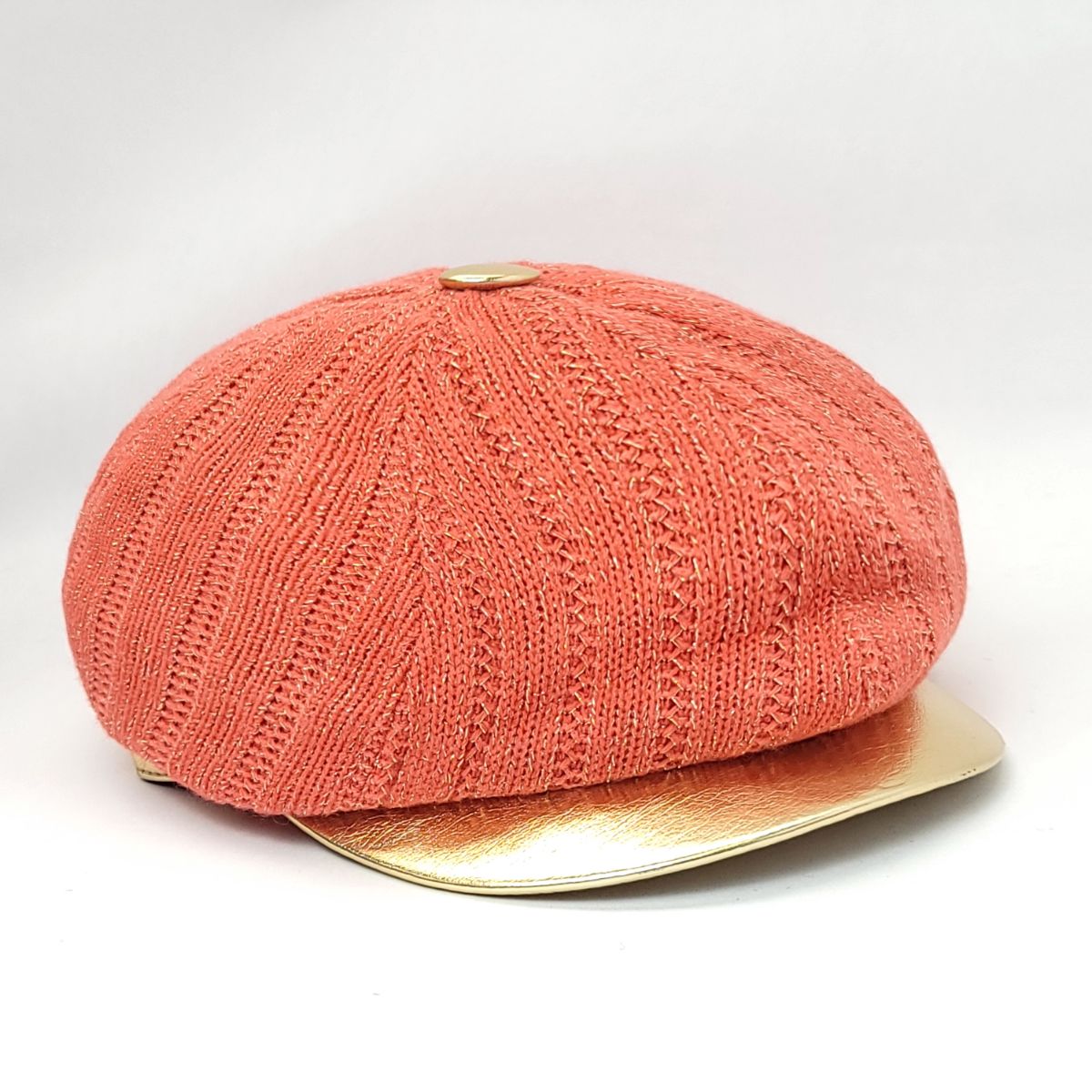 Newsboy Hat - Knitted, Glitter with Gold Visor, Multi-Coloured Coral OSFA Fashion Knit