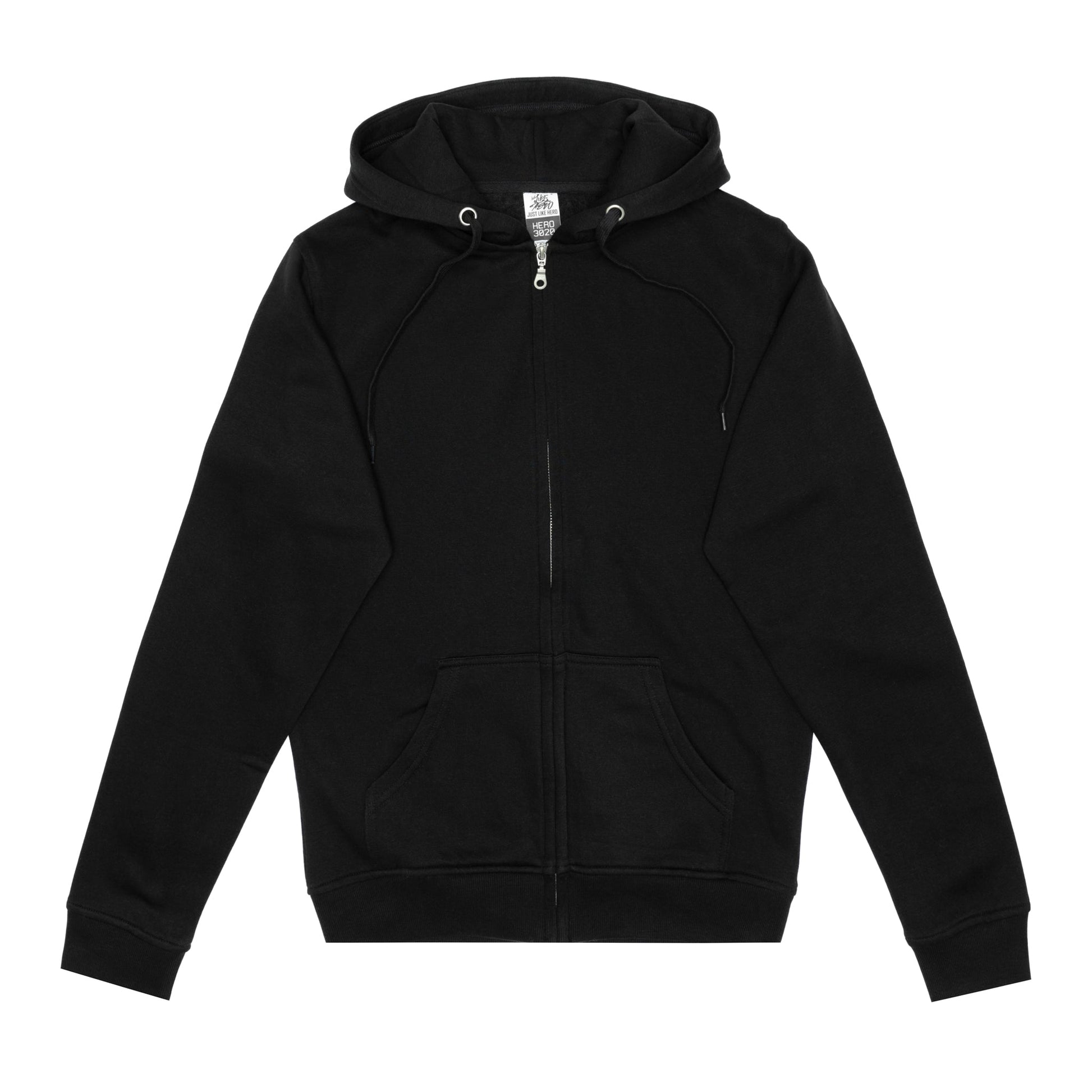 HERO-3020 Unisex Full Zip Hoodie - Black 2XL 3020 3XL 4XL 5XL Adult Black Full-Zip HERO L M S Tops Unisex XL XS