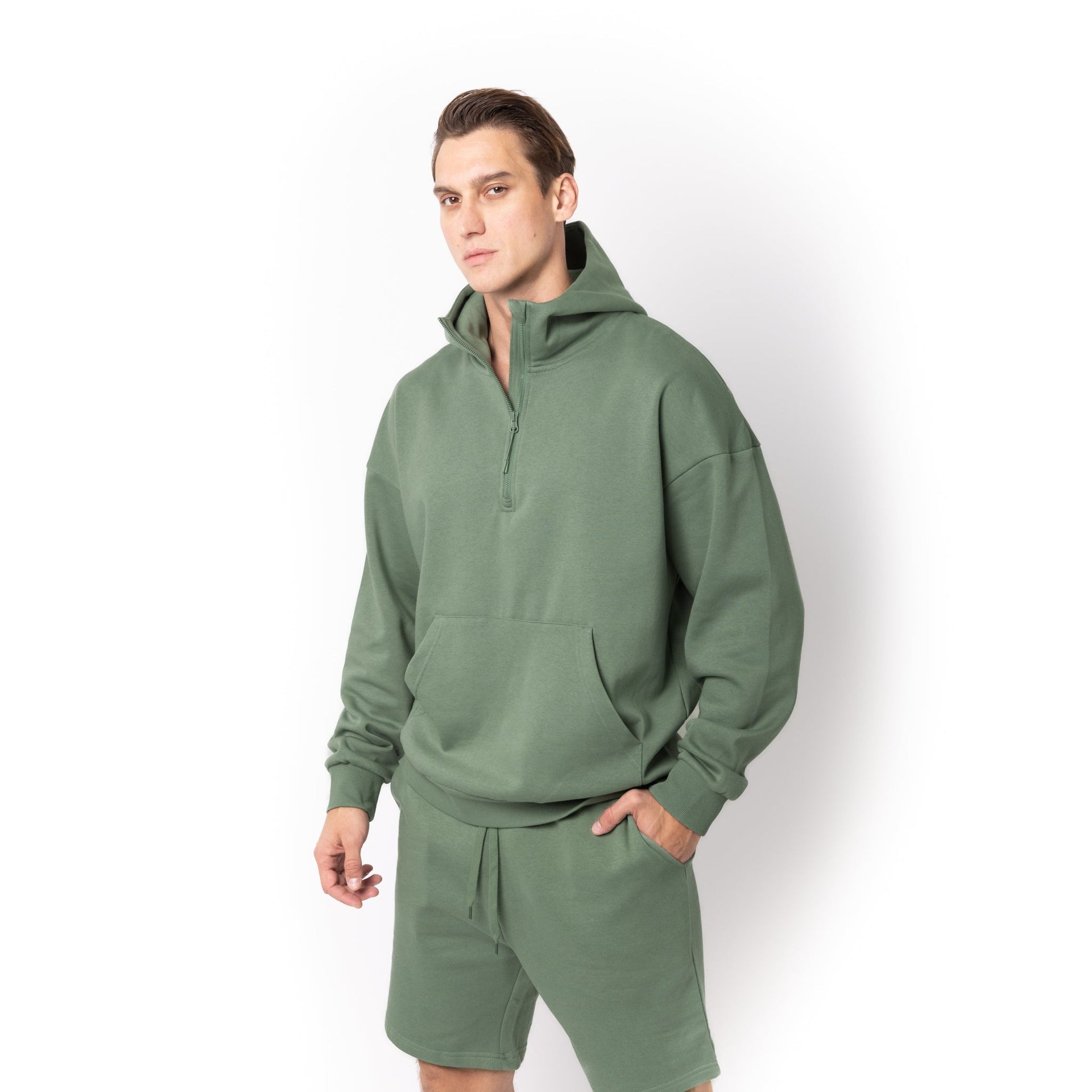 HERO-4220 Unisex Drop Shoulder Scuba 1/2 Zip Hoodie - Dusty Green 4220 Adult HERO Unisex