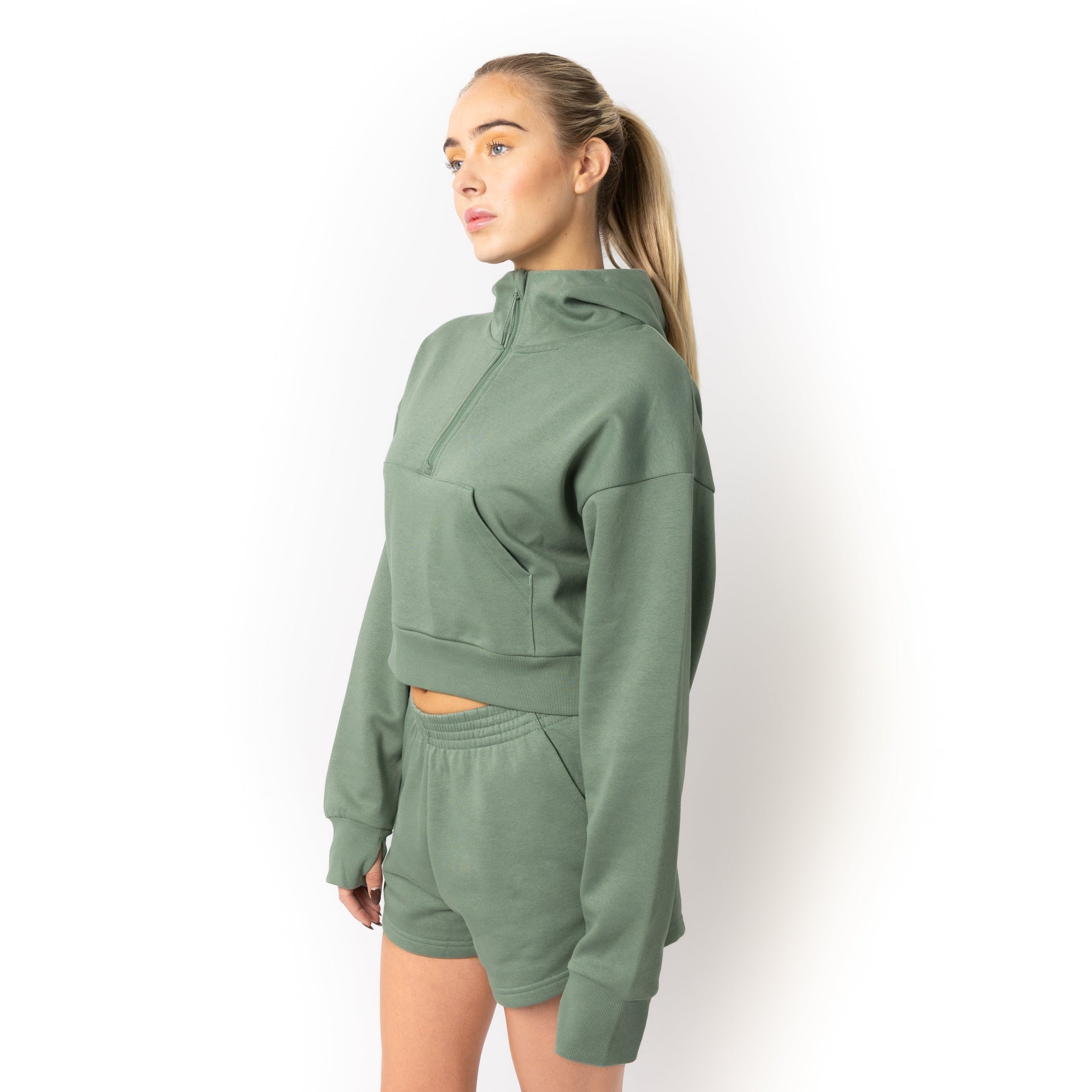 HERO-4220C Cropped Drop Shoulder Scuba 1/2 Zip Hoodie - Dusty Green 4220C Adult Black HERO Tops Unisex