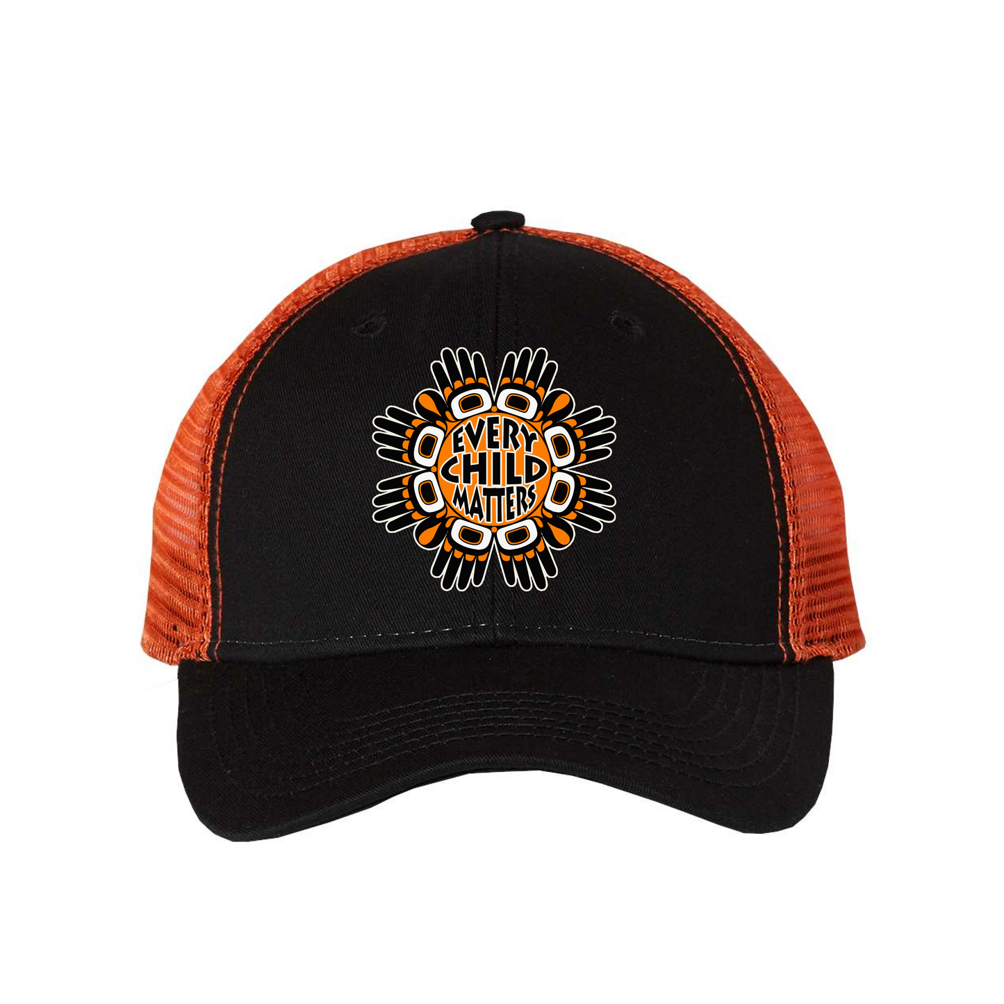 Black and Orange Trucker Cap Featuring Indigenous Hands Maple Leaf - 'Every Child Matters' Symbol