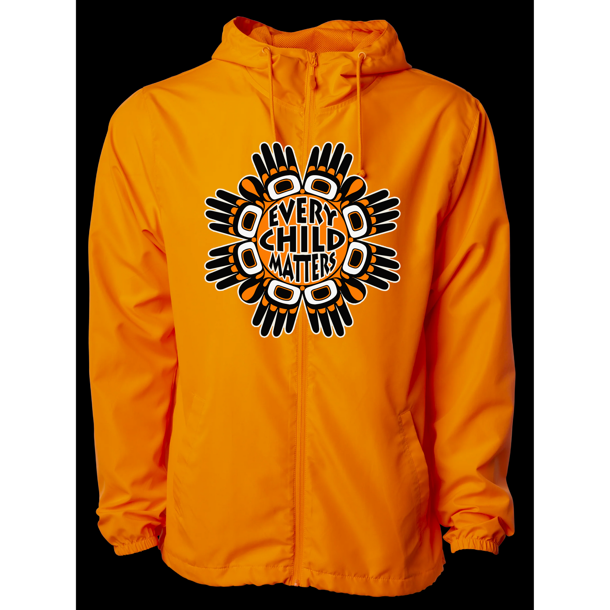 Vibrant Orange Windbreaker Jacket Featuring 'Every Child Matters' Hands Maple Leaf Design Adults every child matters orange shirt day Reconciliation