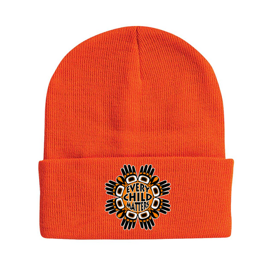 Blaze Orange Knit Toque with 'Every Child Matters' Indigenous Hands Maple Leaf Design