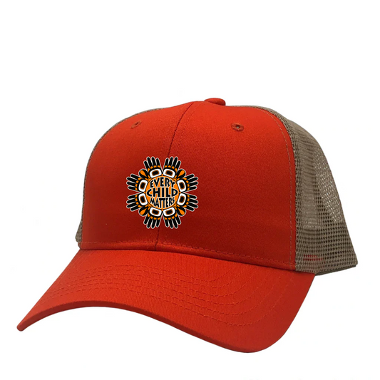 Bold Orange Trucker Cap with 'Every Child Matters' Hands Maple Leaf Design