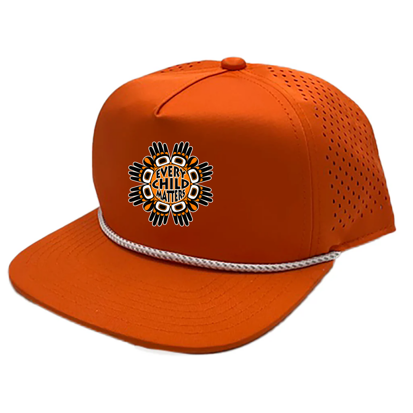 Five-Panel Orange Cap with Rope Accent and 'Every Child Matters' Hands Maple Leaf Design