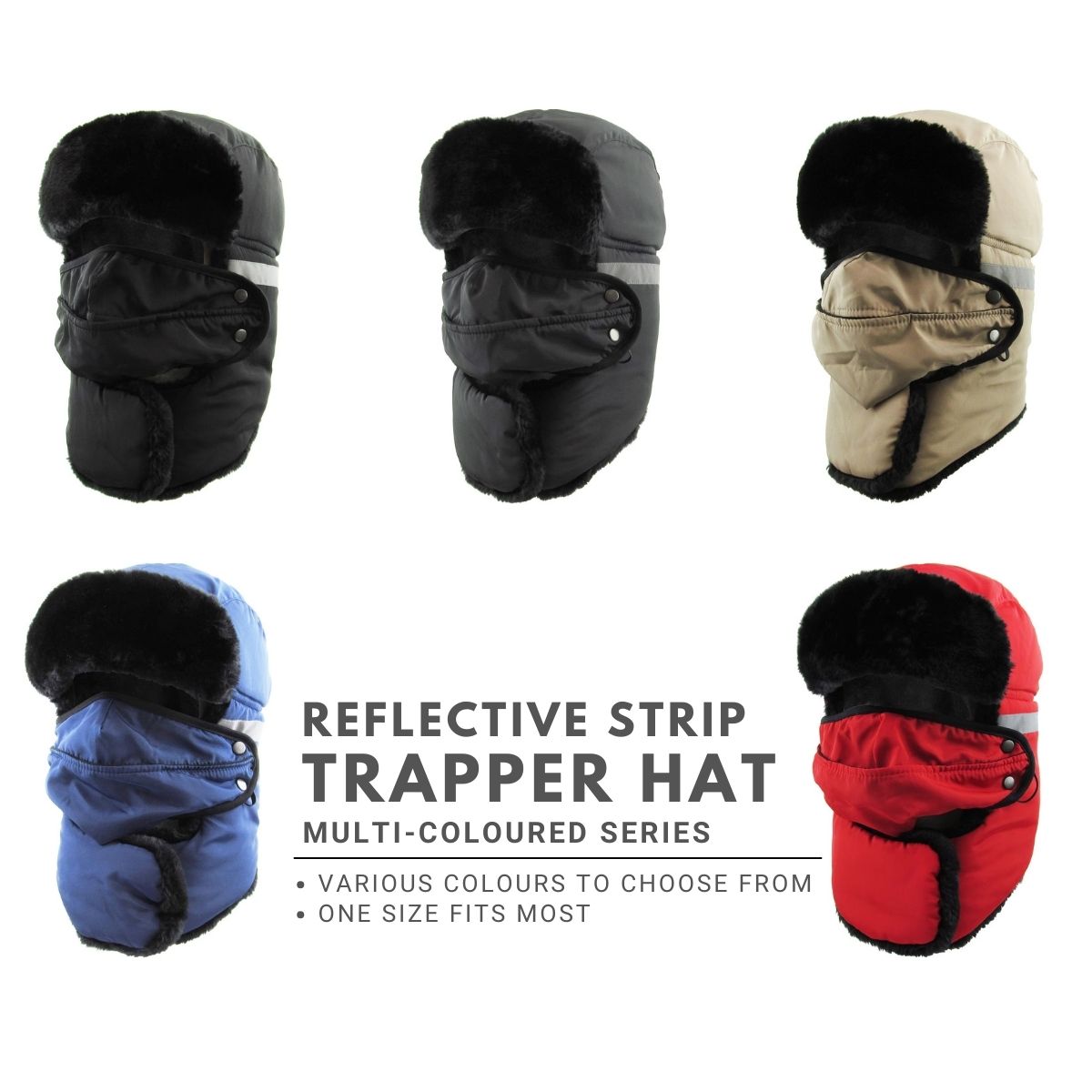 Trapper Hat - Heavy Duty with Mask & Neck Warmer, Reflective Strip - Multi-Coloured