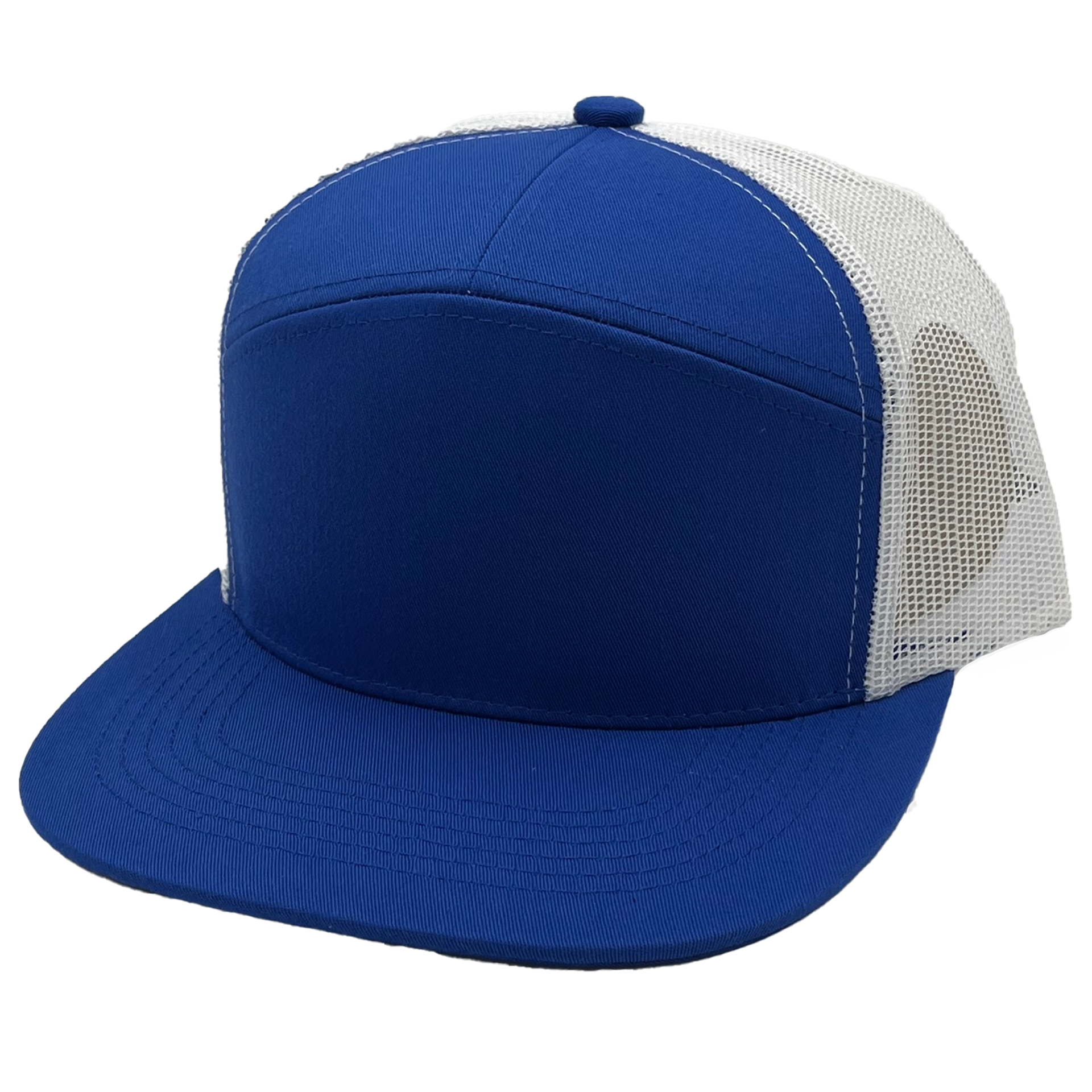 GNV-7005M - 7 Panels Mesh Flat Bill Cap White Royal One Size 7 PANELS CAP COTTON / POLYESTER FLAT hat HIGH PROFILE MESH nissi caps SNAPBACK STRUCTURED UNISEX