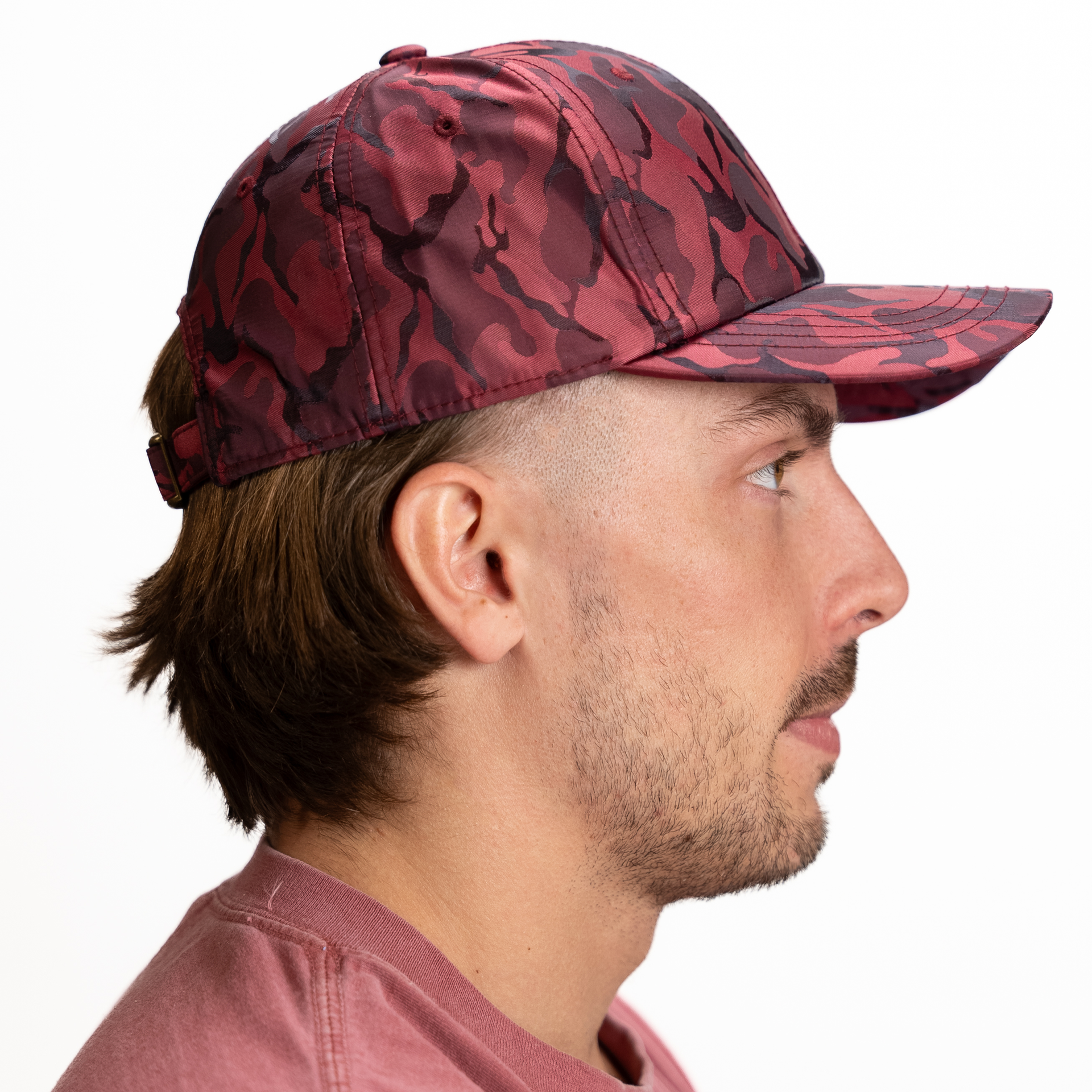 GN-1017 - Satin Camo Cap 6 PANELS ADJUSTABLE BUCKLE BRASS BUCKLE CURVE mid profile nissi caps POLYESTER STRUCTURED UNISEX