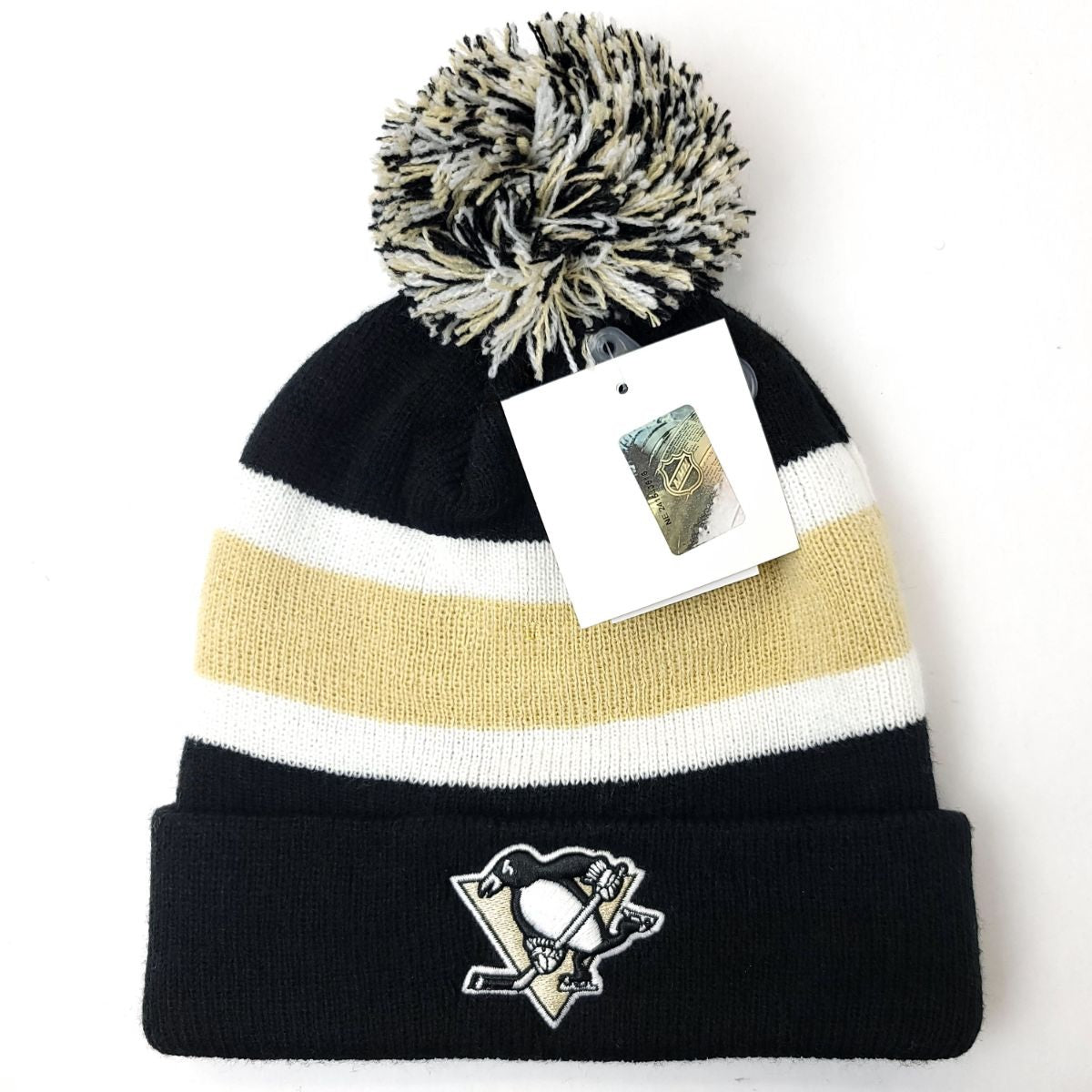 Pittsburgh Penguins Pom Knit Toque - BA, Black with Gold & White Stripe