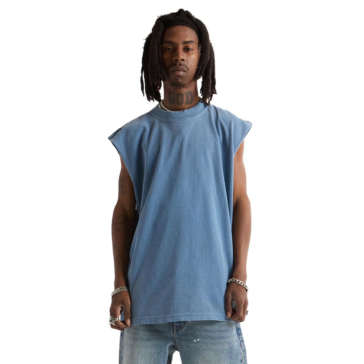 SHAKA WEAR Garment Dye Muscle Tee, - 7.5 Oz, Washed Denim