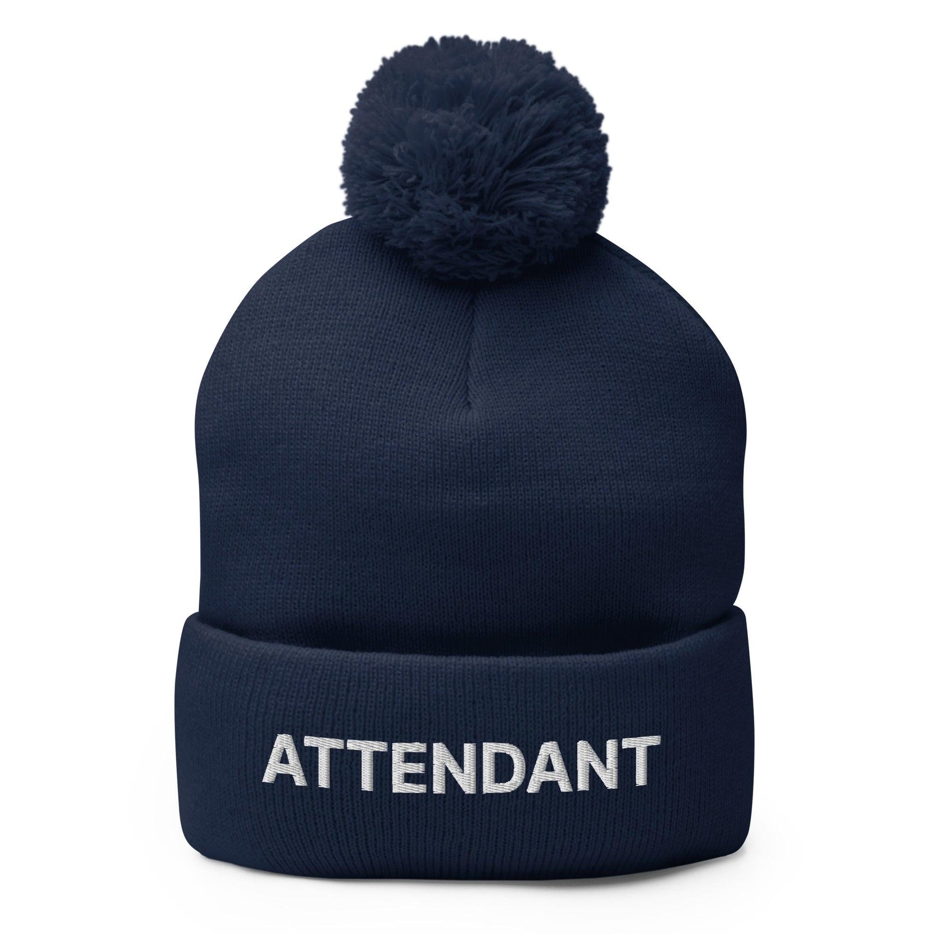 Attendant Uniform Embroidered Knit Pom Pom Beanie Navy Beanies Capital Crowns Work