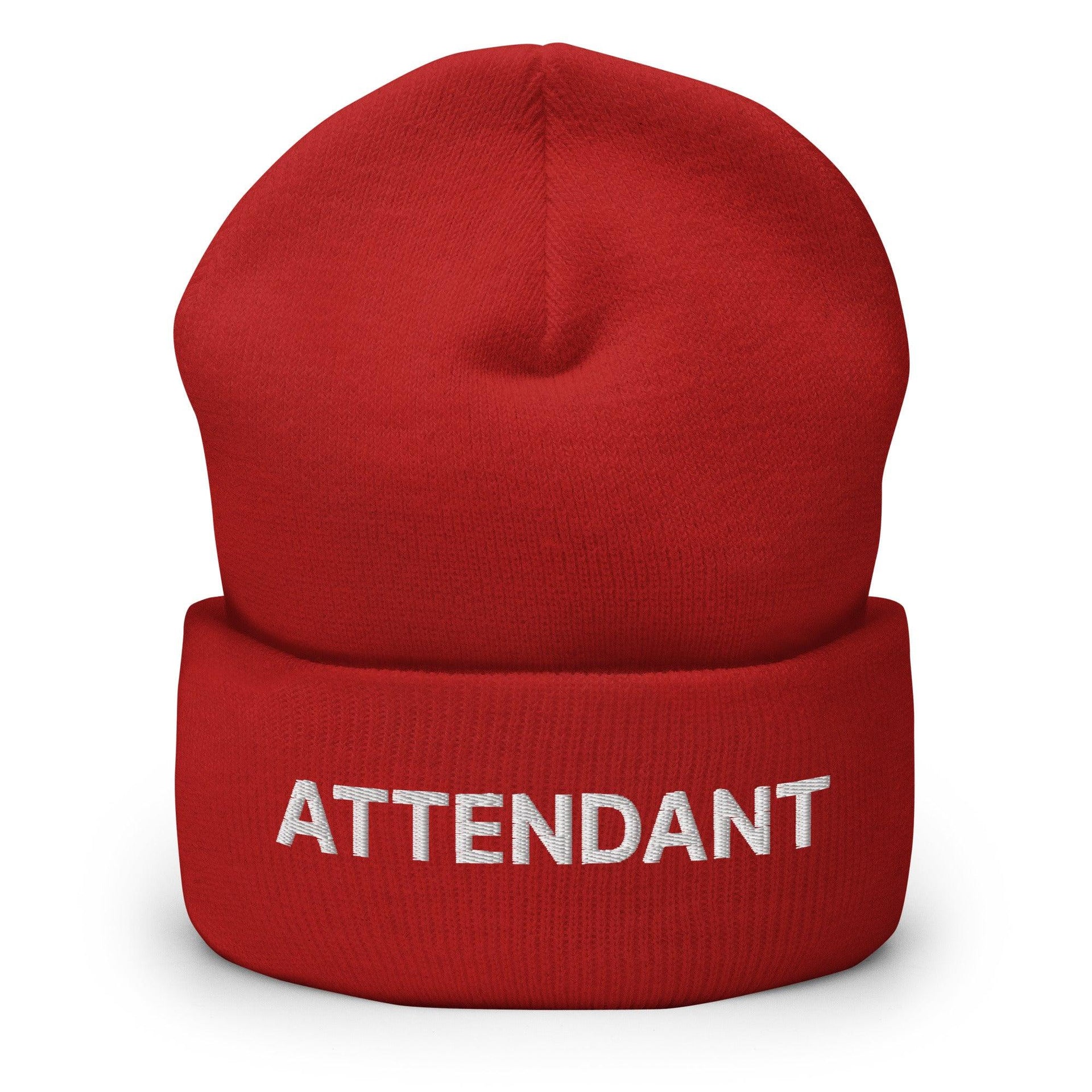 Attendant Uniform Work Embroidered Knit Cuffed Beanie Red Beanies Capital Crowns Work