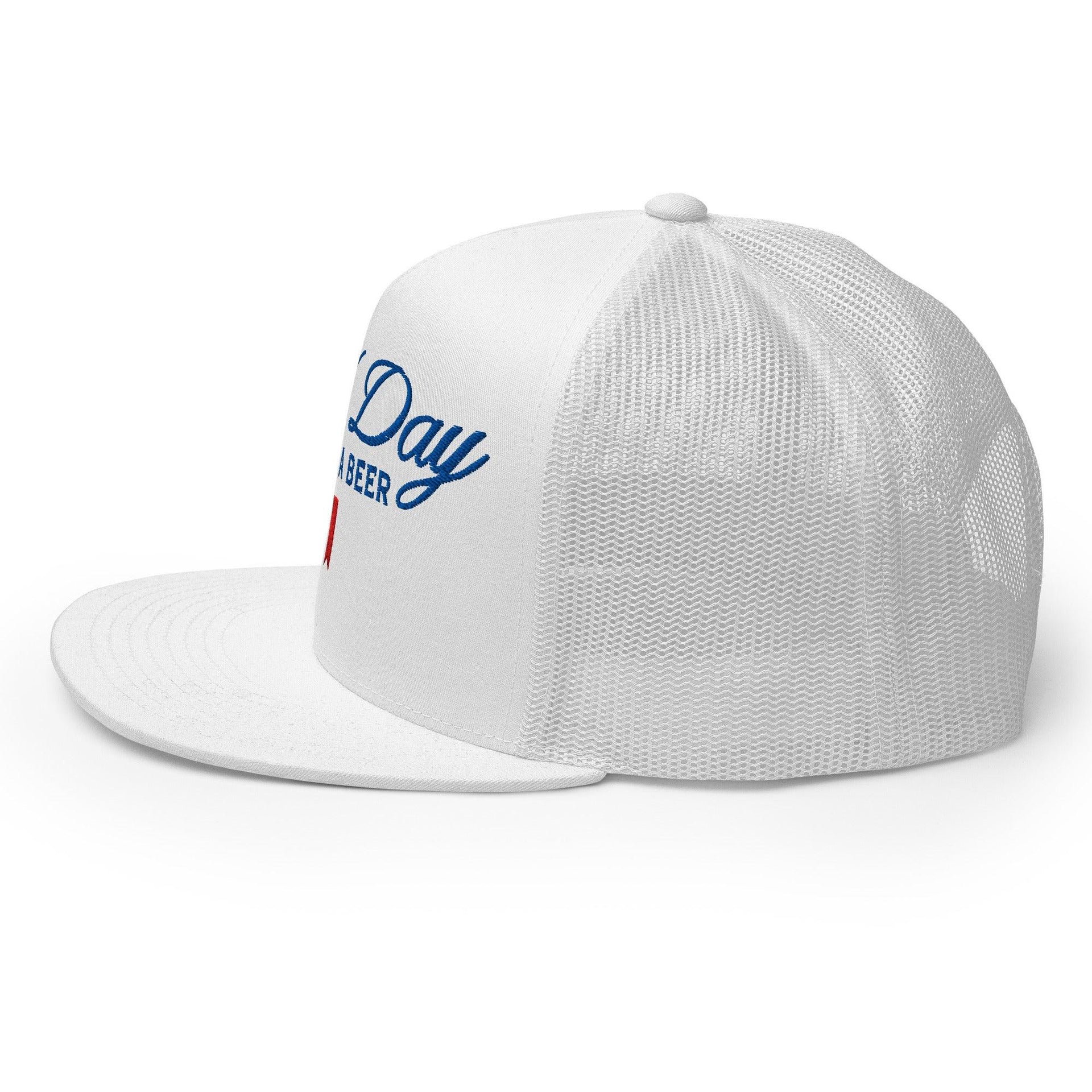 Premium Bad Day to be a Beer Embroidered Flat Bill Brim Mesh Trucker Hat | Custom Embroidery Available - Fast Turnaround Capital Crowns Funny Trucker Hats